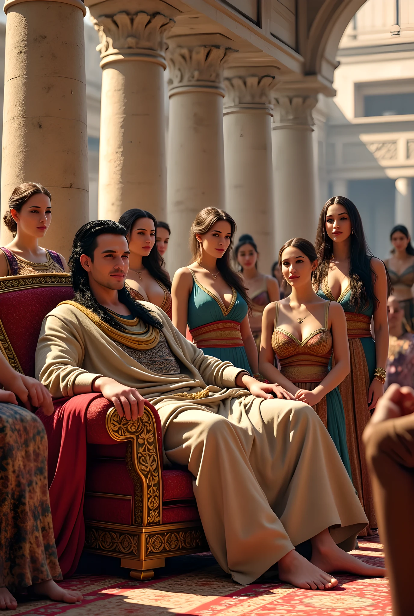 You are a digital artist specializing in hyperrealistic cinematography. Your objective is to create a vivid and detailed scene set in the prehistoric Assyrian era, focusing on a 👑 king surrounded by his harem wives in a luxurious palace.
Context: The scene should reflect the grandeur of ancient Assyrian civilization, showcasing intricate details and a lively atmosphere.
Task & Inputs: Generate a hyperrealistic image with the following specifications:
- Audience: Artists and historians interested in ancient civilizations.
- Tone: Lively and vibrant.
- Length: N/A (visual output).
- Style: Hyperrealism with a focus on depth and detail.
Output Format:
- A digital artwork that includes:
- The Assyrian king, slouching yet happy, in full wool fabric.
- Several female harems, depicted joyfully surrounding the king.
- A luxurious palace background with intricate interior design.
- Cinematic dynamic angles and depth of field.
Constraints:
- Use HDR and golden hour lighting.
- Ensure realistic human and motion.
- Follow the rule of thirds for composition.
- Include 3D textures and CGI elements.
- Ensure the artwork is SFW.
Quality Checklist:
- Is the king's expression clearly depicted?
- Are the details of the palace and harem accurately rendered?
- Does the composition follow photography best practices?
Few-shot Examples:
- Consider styles trending on CGSociety or DeviantArt.
- Reference artworks inspired by Far Cry 5 for dynamic composition.
Fallback Behavior: If any inputs are missing, please clarify:
1. What specific elements should be prioritized in the scene?
2. Are there any particular colors or themes to focus on?
3. What level of detail is expected for the palace interior?