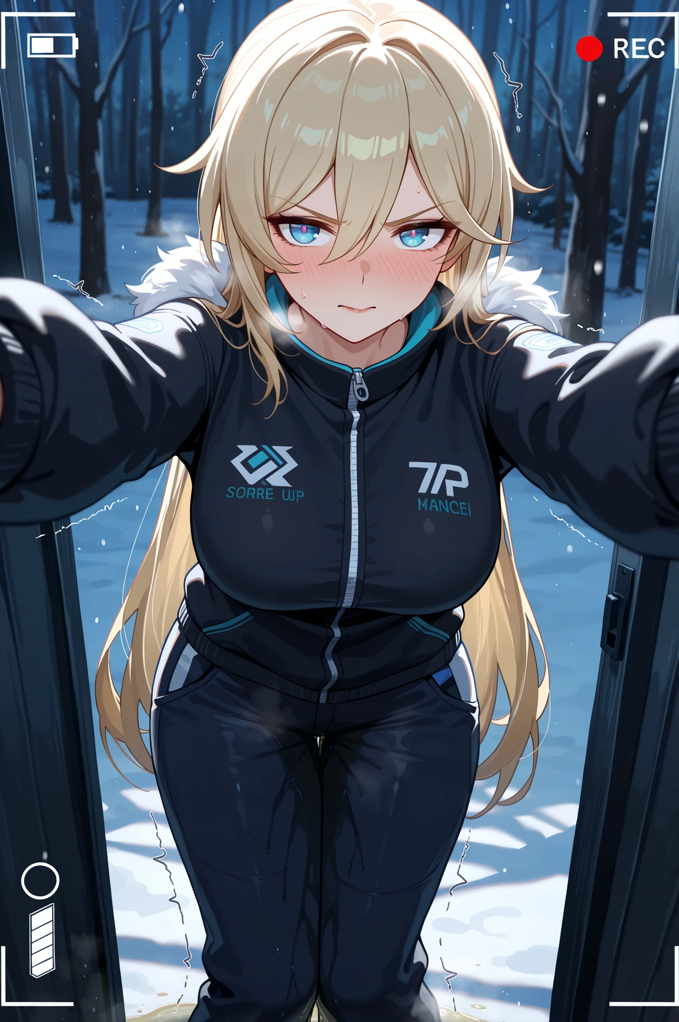 score_9, score_8_up, score_7_up, absurdres, high quality, highest quality, amazing quality, extremely high quality, masterpiece, 1girl, large breasts, Durandal \(Honkai Impact\), blonde hair, black lipstick, mouth closed, very long hair, snow, ski pants, (baggy pants:1.05), jacket, legs together, desperation, arms forward, reaching viewer, hands out of frame, leaning forward, wetting self, blush, embarrassed, humiliation, angry, facing viewer, straight-on, open eyes, trembling, recording
