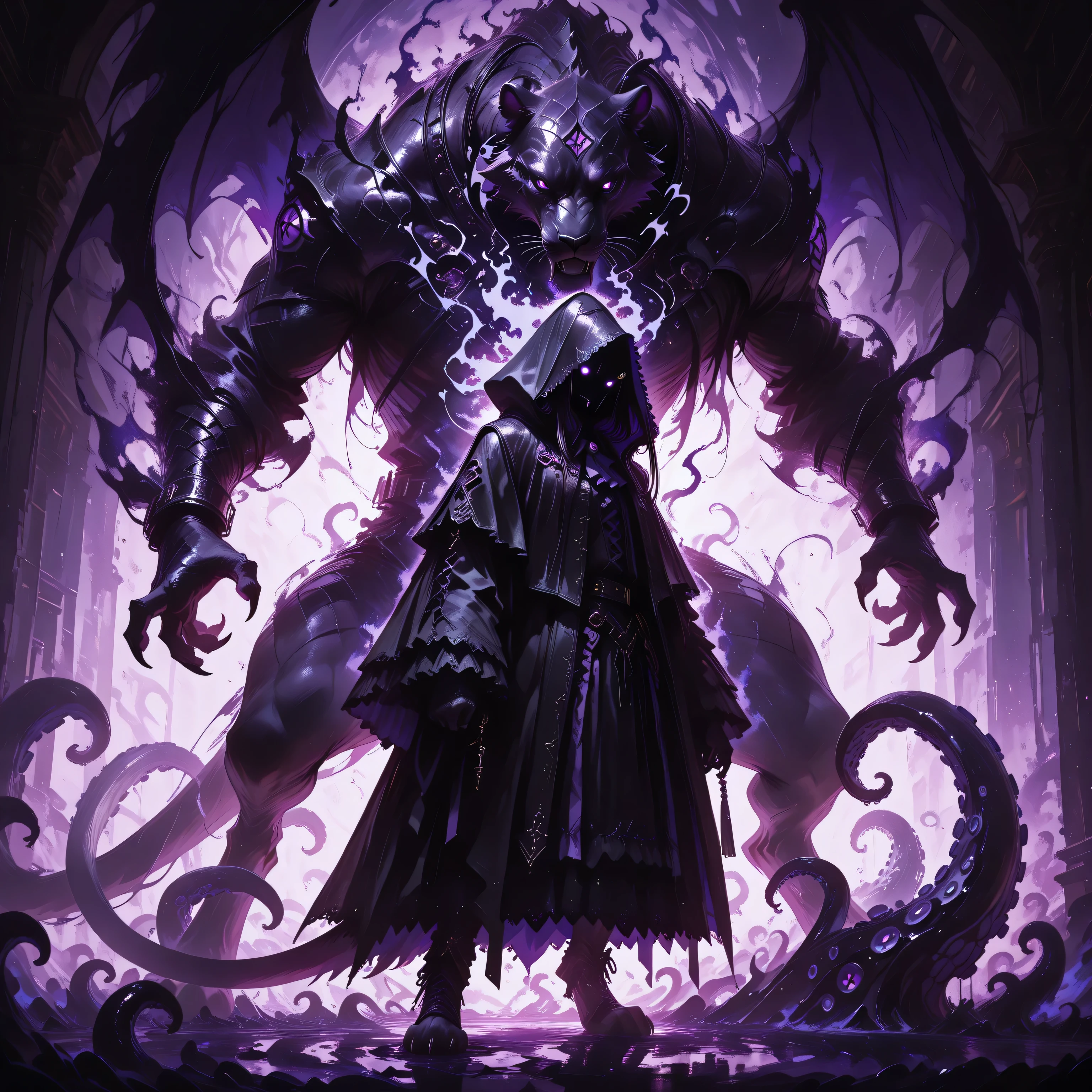 masterpiece, best quality, amazing quality, newest, add detail, sharp focus, no lineart, photorealistic, gradation grading, color contrast, impressionism, muted colors palette, surrealism, anthro, furry, Dark purple Shadowrealm, 1 amorphous panther non-binary, tail, tentacles, black and purple, defused light, Cthulu feelings, gothic setting, background: Shadow realm,