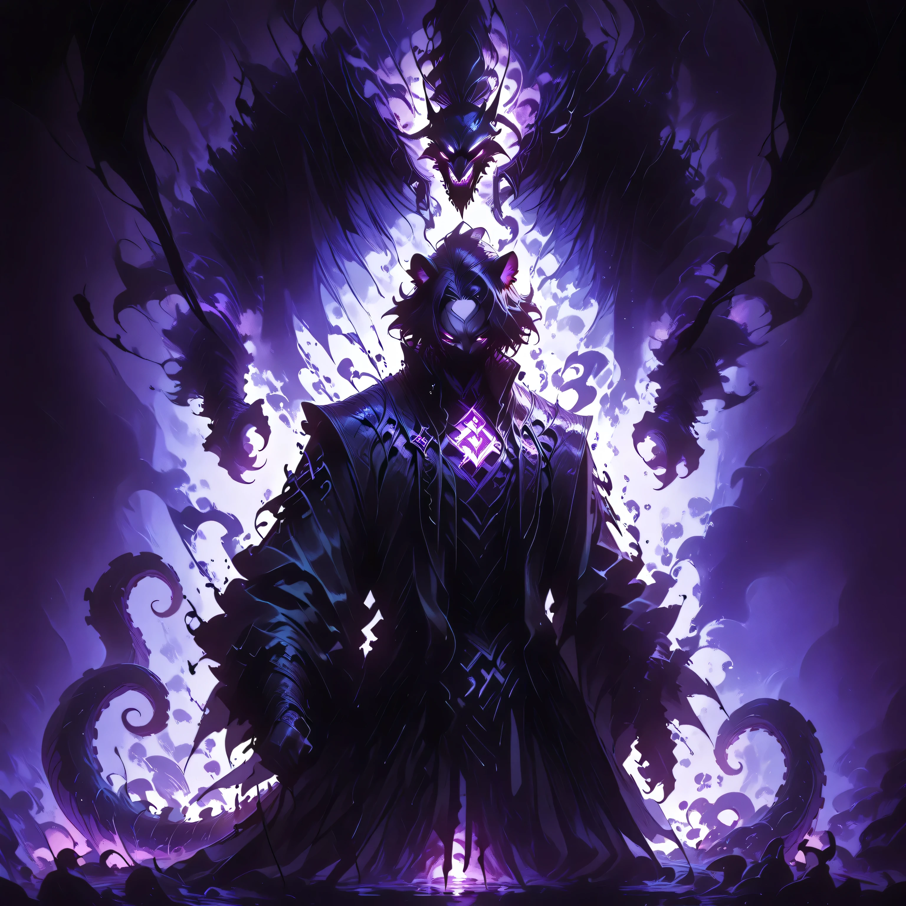 masterpiece, best quality, amazing quality, newest, add detail, sharp focus, no lineart, photorealistic, gradation grading, color contrast, impressionism, muted colors palette, surrealism, anthro, furry, Dark purple Shadowrealm, 1 amorphous panther non-binary, tail, purple hauntedglow, glowing purple eyes, tentacles, dark aura, black and purple, defused light, Cthulu feelings, gothic setting, background: Shadow realm,