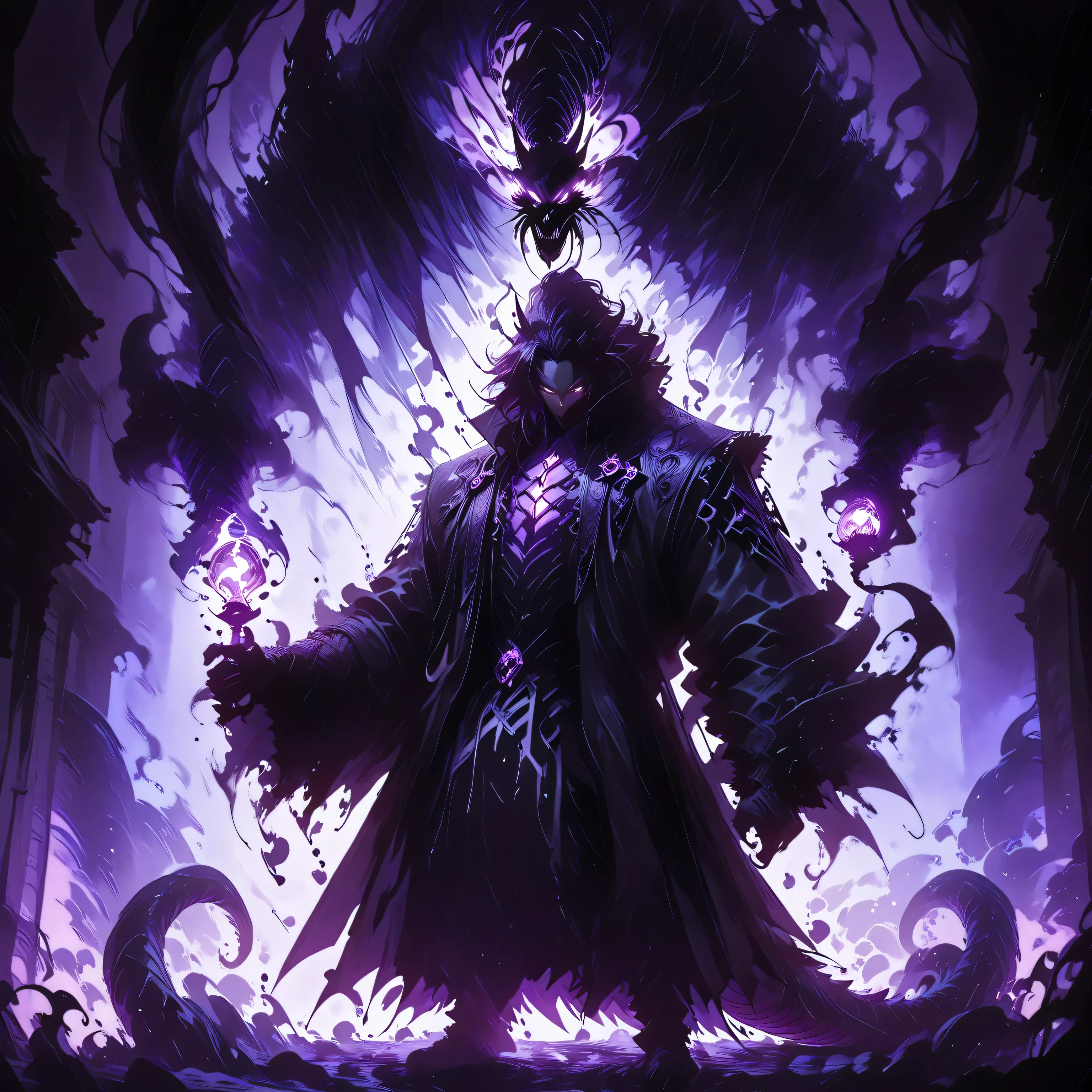 masterpiece, best quality, amazing quality, newest, add detail, sharp focus, no lineart, photorealistic, gradation grading, color contrast, impressionism, muted colors palette, surrealism, anthro, furry, Dark purple Shadowrealm, 1 amorphous panther non-binary, tail, purple hauntedglow, glowing purple eyes, tentacles, dark aura, black and purple, defused light, Cthulu feelings, gothic setting, background: Shadow realm,