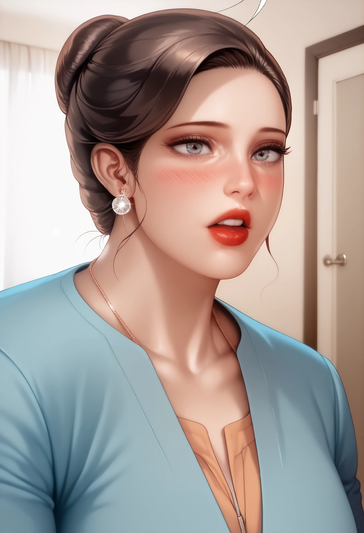 masterpiece,best quality,highly detailed,(photo realistic, hyperrealistic),mrs_ahn, 1girl, natural lips, single hair bun,waring indian saree, hotel room,posing,blush, morning face,full body show, wear, sexy underswear, tongue, full body view,