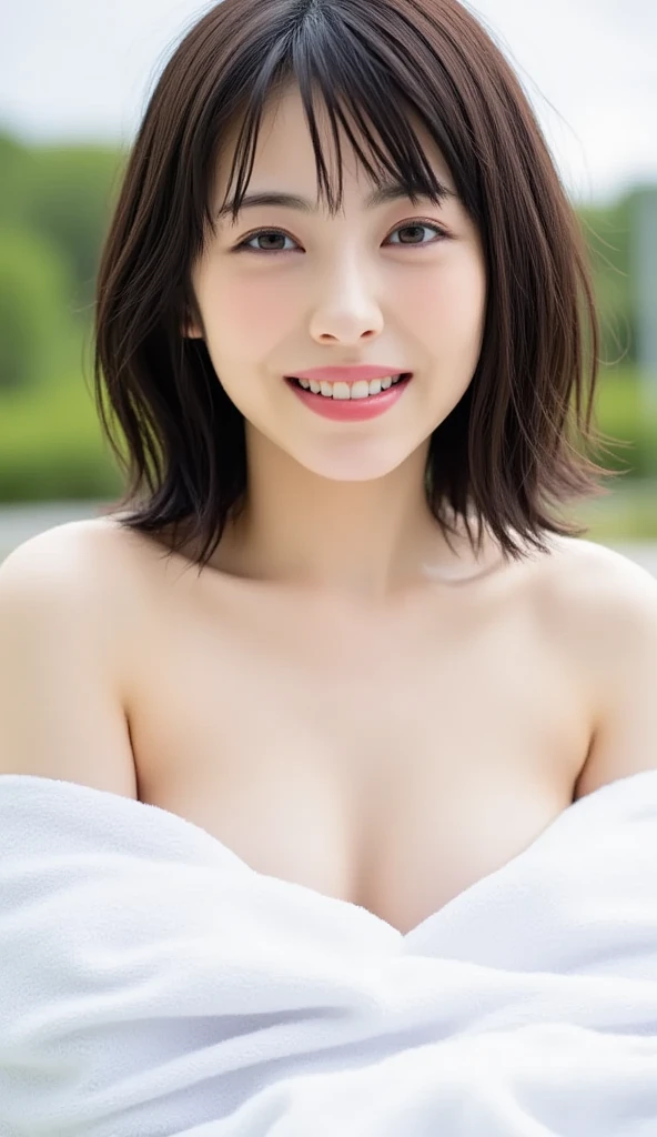 (8k、RAW Photos、Highest quality、masterpiece:1.2)、((whole body、naked、Nipples、pubic hair、smile:1.5))、(Realistic、Realistic)、1 girl、((Open-air bath at night、hot spring、moonlight、relaxing after a hot bath、smile))、cute