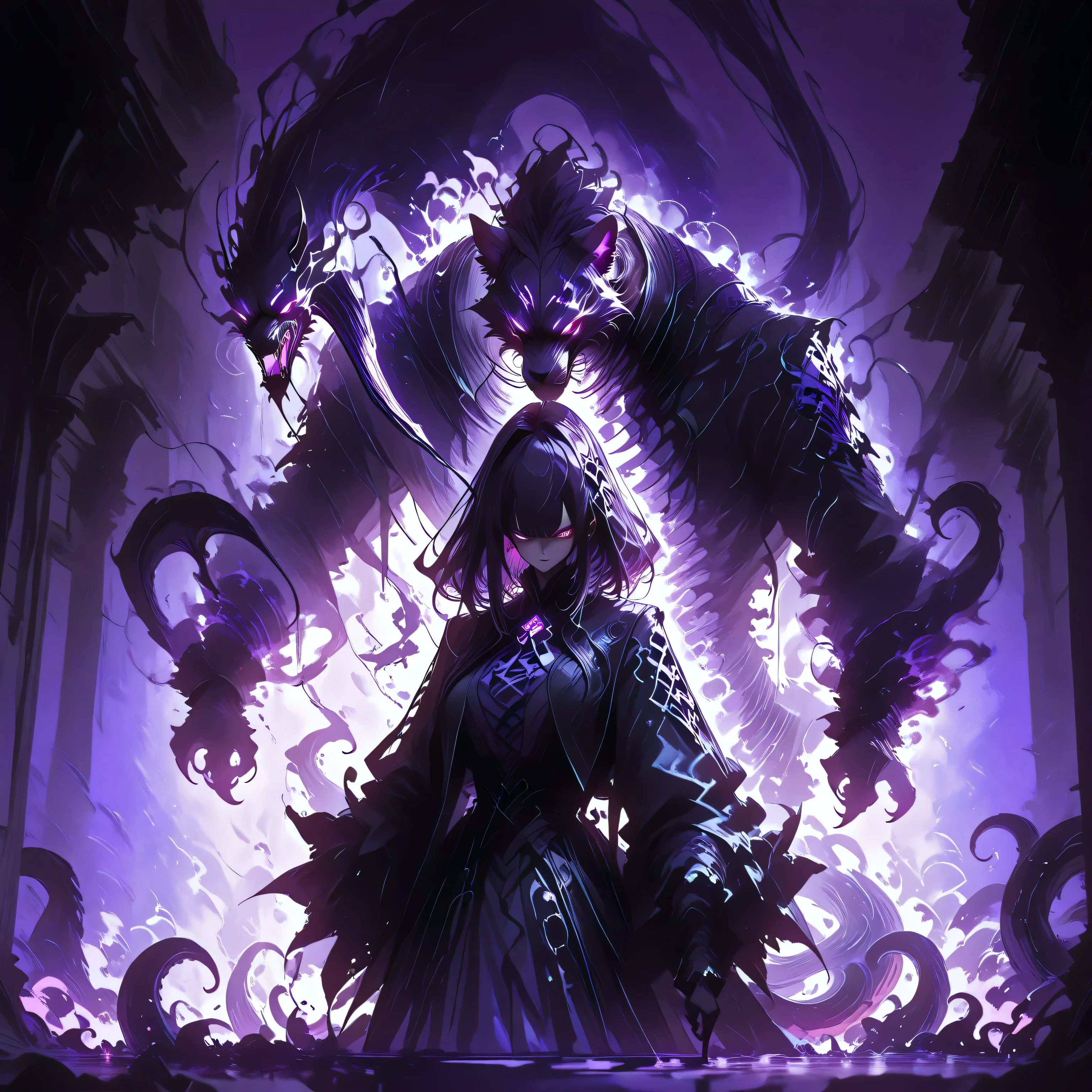 masterpiece, best quality, amazing quality, newest, add detail, sharp focus, no lineart, photorealistic, gradation grading, color contrast, impressionism, muted colors palette, surrealism, anthro, furry, Dark purple Shadowrealm, 1 amorphous panther non-binary, tail, purple hauntedglow, glowing purple eyes, tentacles, dark aura, black and purple, defused light, Cthulu feelings, gothic setting, background: Shadow realm,