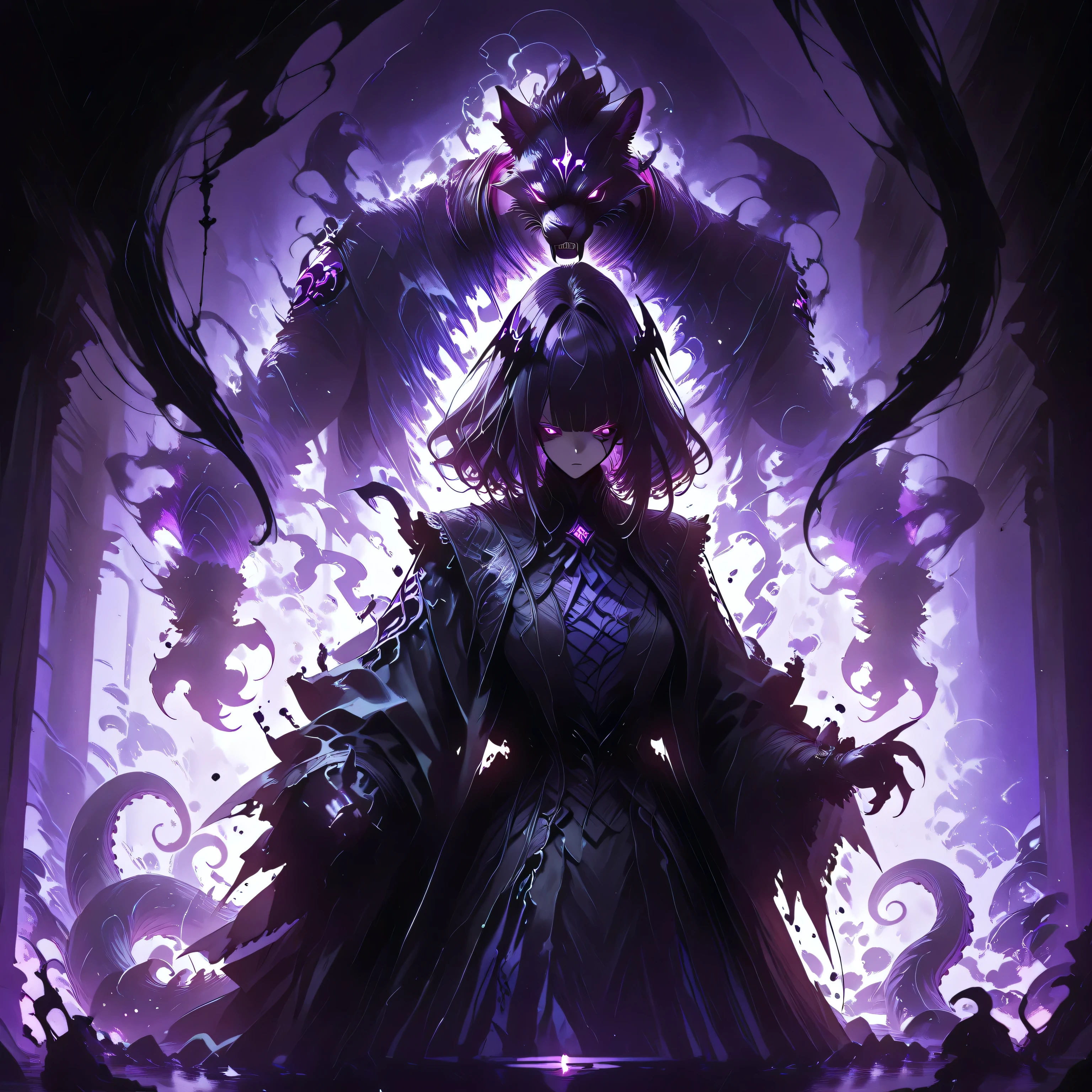 masterpiece, best quality, amazing quality, newest, add detail, sharp focus, no lineart, photorealistic, gradation grading, color contrast, impressionism, muted colors palette, surrealism, anthro, furry, Dark purple Shadowrealm, 1 amorphous panther non-binary, tail, purple hauntedglow, glowing purple eyes, tentacles, dark aura, black and purple, defused light, Cthulu feelings, gothic setting, background: Shadow realm,