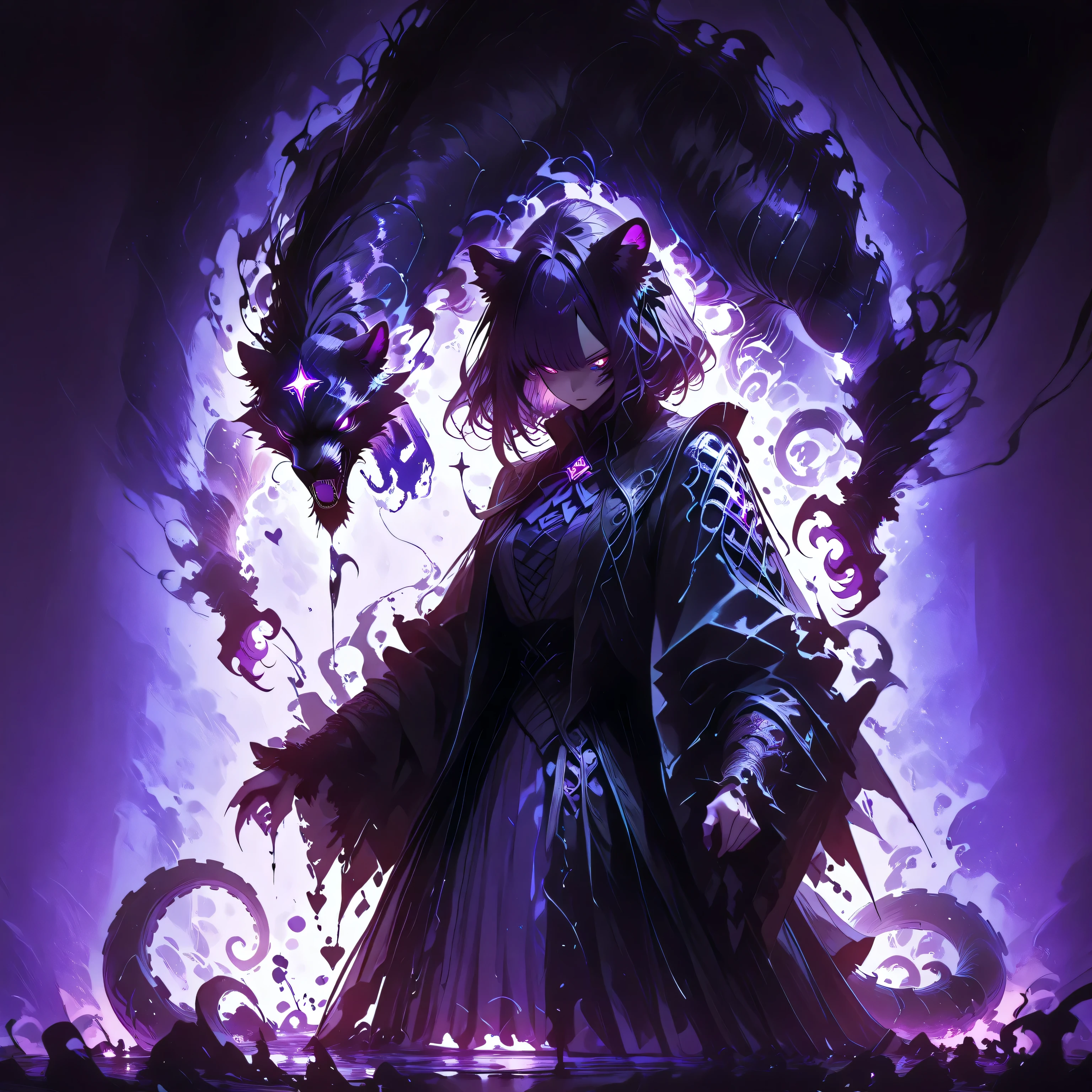 masterpiece, best quality, amazing quality, newest, add detail, sharp focus, no lineart, photorealistic, gradation grading, color contrast, impressionism, muted colors palette, surrealism, anthro, furry, Dark purple Shadowrealm, 1 amorphous panther non-binary, tail, purple hauntedglow, glowing purple eyes, tentacles, dark aura, black and purple, defused light, Cthulu feelings, gothic setting, background: Shadow realm,
