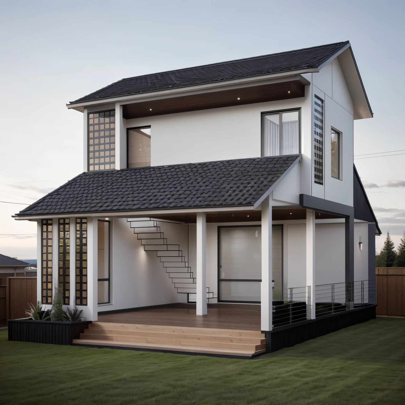 contemporary style house exterior, modernism, glass doors and windows,rail en métal noir, plafond en conwood, head of'artwork, high quality, photo realistic, marque canon eos 5D, natural light, 