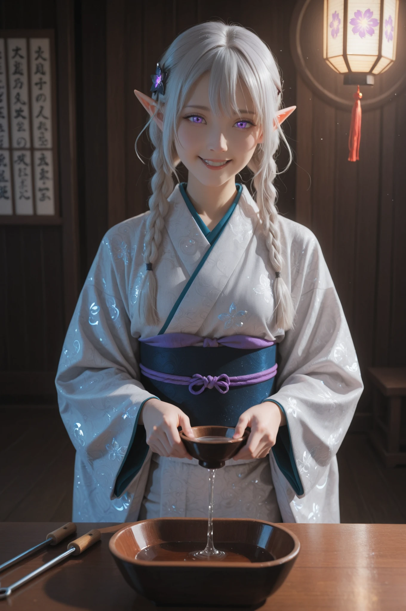 Masterpiece, ultra-detailed, highres anime illustration of a mysterious elf sommelier with waist-length platinum hair featuring intricate braids and amethyst eyes that shift colors in different light, presenting a rare vintage of magical sake to patrons at the Elf Izakaya, (moody lighting:1.4) from traditional Japanese lanterns enhanced with elvish enchantments creating intimate pools of light, wearing an elegant kimono-inspired uniform in midnight blue with silver embroidery depicting the phases of the moon, long delicate fingers holding a crystal sake decanter that contains brew swirling with galaxy-like patterns, surrounded by floating magical measuring tools and reference books on magical brewing techniques, private tasting room decorated with both ancient elvish artifacts and traditional Japanese brewing implements, (volumetric light:1.3) filtering through the magical sake as she holds it up for inspection creating colorful refractions, (focus pull:1.2) emphasizing her knowing smile as she prepares to reveal the sake's special enchantment, high detail, best quality, sharp focus, detailed shadows, digital painting, fantasy setting, magical atmosphere