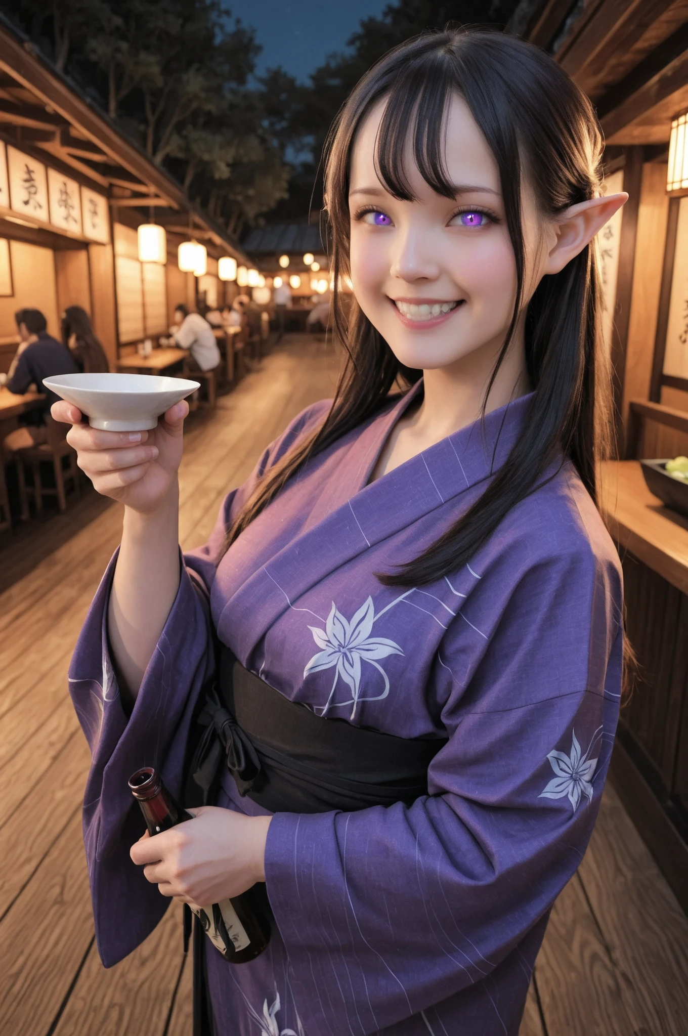 elf girl, purple eyes with glow, yukata in purple and black, holding sake, gentle smile, calm expression, in wooden izakaya, fantasy atmosphere, (masterpiece:1.3, 8k:1.3, highest quality:1.3, detail:1.3, high resolution:1.3, dramatic lighting:1.2, ultra detailed), (detailed eyes:1.2), (face detailed:1.2), (sharp eyes:1.2)