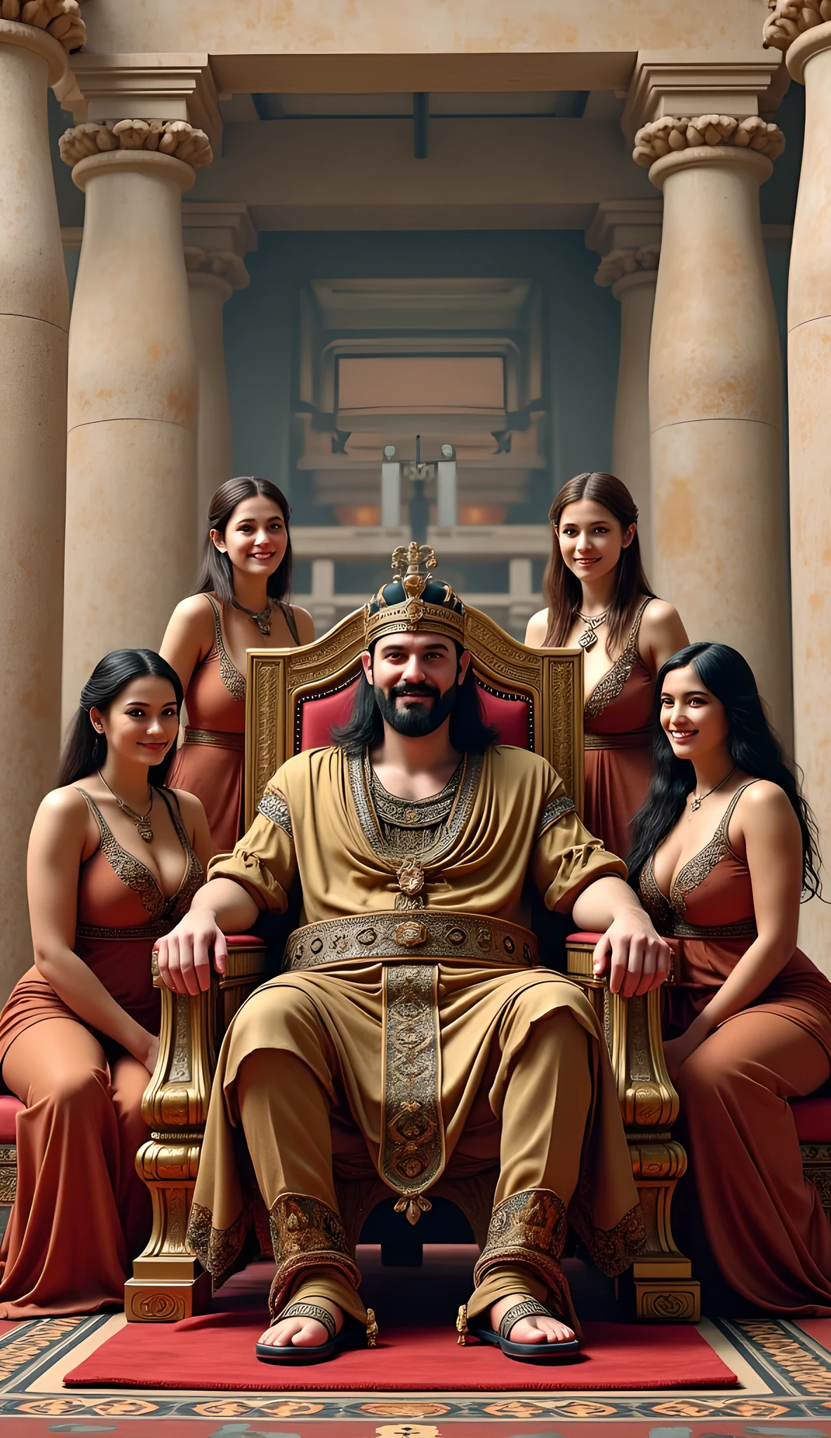 Assyria prehistoric age era, (ancient civilization age era),((Realistic cinematography intense realistically ultra-detailed sumer palace scenery)),((realistically ancient luxurious ivory palace on the background)),focusing on Assyria king,sitting slouchy,happiness,vivacity,(clearly and distinctively depiction),(wearing full luxurious silk fabric),((ultra detailed every feature on the scene)),(there are several female happy harem wives surrounding and accompanying the king),,,(perfectly depth symmetrically body depiction),(cinematic dynamically camera potrait angle scenery:accurately depicted:1.3),the lively classical ancient depicting scenery,luxurious golden interior design,realistically full depth,(cinematography dynamic angle|hyperrealistic:realistic scenery:3d texture over the scenery),,best videography angle,hdr,golden hour, (cinematography vibe),ancient wardrobe,(dynamic image composition),(octane 3d rendering|50mm lens shot:1.3),(lifelike human depiction:realism),(best rule of third photography composition),(best image aperture),(full details depth of field),(best shutter speed),(RAW photo image),(photorealistic|photorealism:hyperrealism style),(realistic depth 3d:cgi:1.3),(trending on cgsociety:devianart:unreal engine 5),,(best photography:national Geographic style), bronzePunkAi and sandalPunkAi artwork, digital art,best lighting concept,(realistic intricately fixed accurately fully human's anatomy anatomical),natural motion,inspired by farcry5 game artwork,(((SFW))),