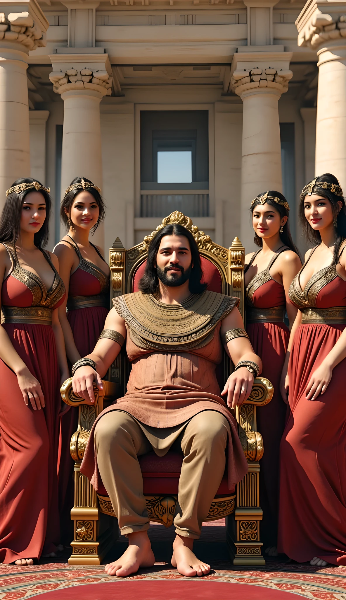 Assyria prehistoric age era, (ancient civilization age era),((Realistic cinematography intense realistically ultra-detailed sumer palace scenery)),((realistically ancient luxurious ivory palace on the background)),focusing on Assyria king,sitting slouchy,happiness,vivacity,(clearly and distinctively depiction),(wearing full luxurious silk fabric),((ultra detailed every feature on the scene)),(there are several female happy harem wives surrounding and accompanying the king),,,(perfectly depth symmetrically body depiction),(cinematic dynamically camera potrait angle scenery:accurately depicted:1.3),the lively classical ancient depicting scenery,luxurious golden interior design,realistically full depth,(cinematography dynamic angle|hyperrealistic:realistic scenery:3d texture over the scenery),,best videography angle,hdr,golden hour, (cinematography vibe),ancient wardrobe,(dynamic image composition),(octane 3d rendering|50mm lens shot:1.3),(lifelike human depiction:realism),(best rule of third photography composition),(best image aperture),(full details depth of field),(best shutter speed),(RAW photo image),(photorealistic|photorealism:hyperrealism style),(realistic depth 3d:cgi:1.3),(trending on cgsociety:devianart:unreal engine 5),,(best photography:national Geographic style), bronzePunkAi and sandalPunkAi artwork, digital art,best lighting concept,(realistic intricately fixed accurately fully human's anatomy anatomical),natural motion,inspired by farcry5 game artwork,(((SFW))),