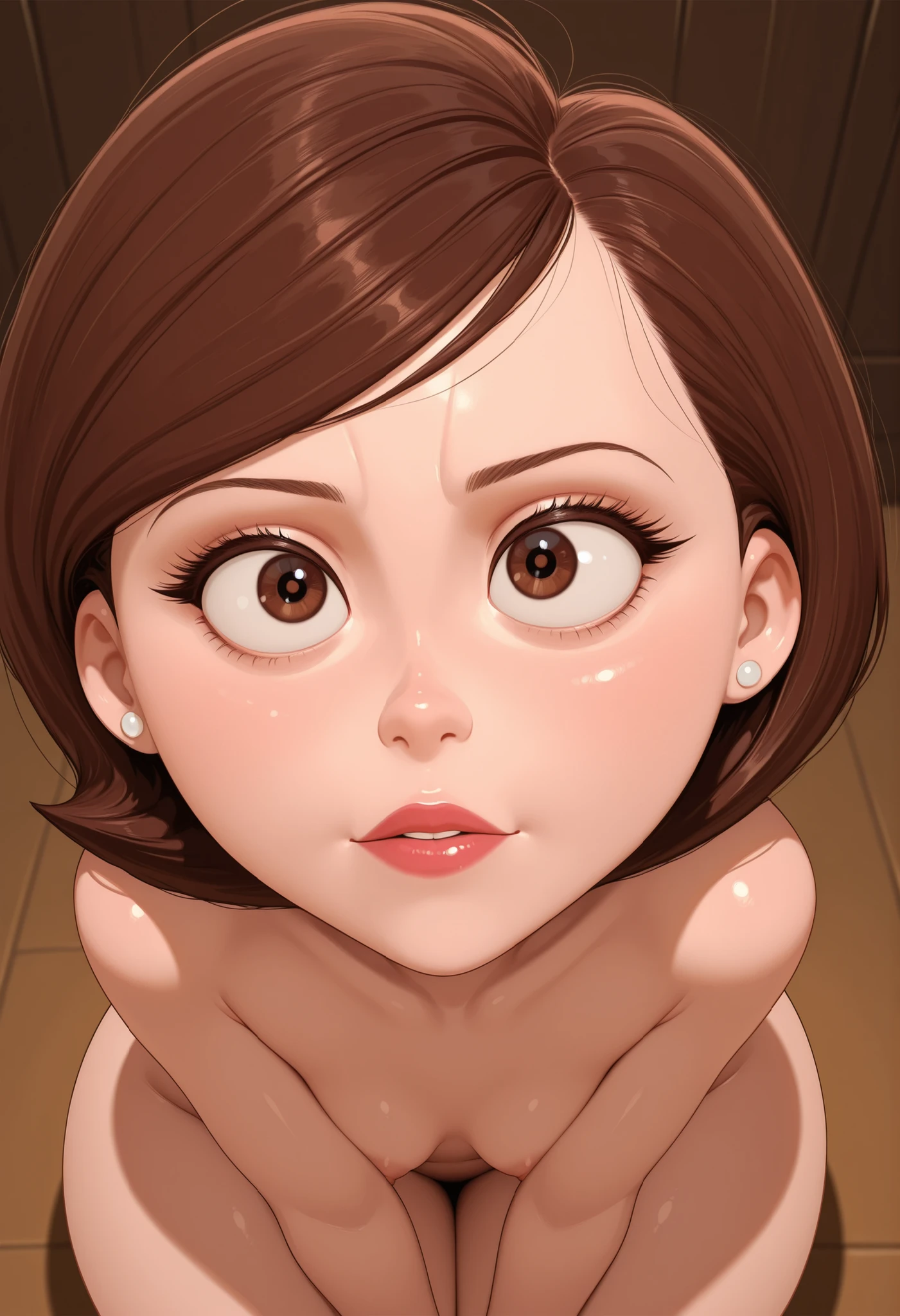 Helen Parr , mature female, medium hair, Bob_cut, brown hair, brown eyes, big eyes, long eyelashes, medium breasts, narrow waist, thick thighs, huge hips, fair skin, thin hands, earrings, makeup, pink lips, lipstick.| children femboy fucks girl . nude . 1girl. 1children femboy(very small breasts) . oral sex. blowjob. mother and daughter femboy