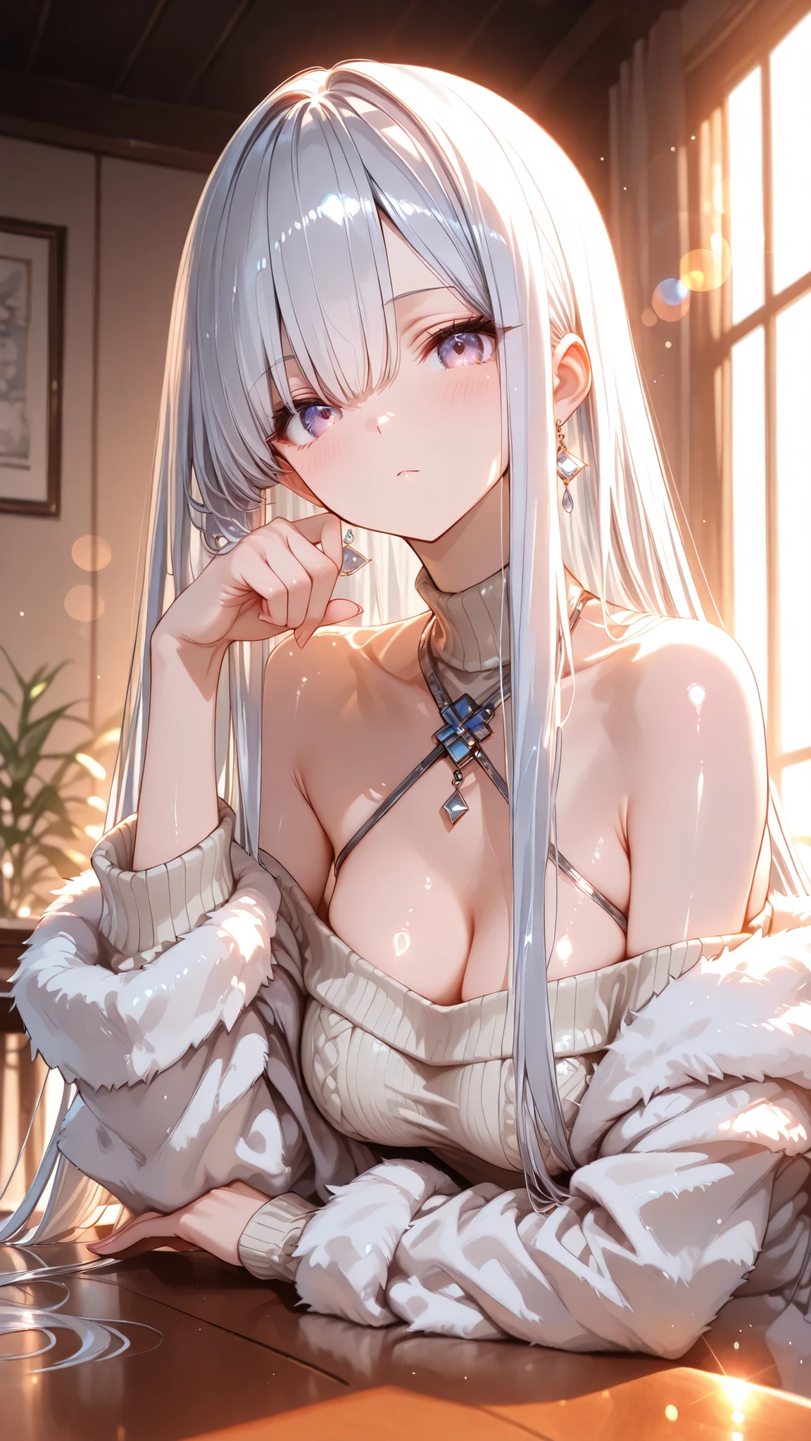 ((masterpiece:1.5、8k、table top、Portrait、 very detailedなCG、 very detailed、particle effect、dynamic effects、Drawing Boundary Depth、 cinematic lighting 、lens flare、ray tracing、table topをつまむ、ultra high res:1.2))((1girl、girl wearing a white fur coat over an off-shoulder sweater、cute pose、 detailed face、 Bright表情、younger, Bright, Whiter skin, medium breasts、great appearance、ultimate beauty、 Silver Hair 、Bright and shiny hair,、Super long straight hair)), shine art style