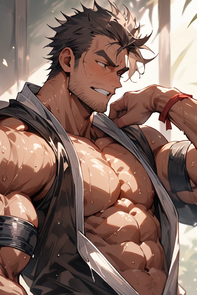 Youthful feeling，( Tattoo),(Thick body hair)，Upper body，(He was wearing baggy shorts，Revealing his length, muscular, hairy)，（Leaning against a tree),(For the audience) ，(Put his hands on his waist)， (Focus on your audience) ，(There is a huge bulge in the area)，sideways，Sharp eyes，(Thick dark brown hair)，(Bottom-up view)，Broad shoulders，Muscles protrude a lot，Highest image quality，cartoon ，Anime Wallpaper，Chest muscle expansion，spread your legs，Sexy,(main part, best quality)，((Exaggerated muscle bulge))，The protagonist is tall，muscular and bulky, muscular characters, Awesome and cool, tall and muscular, muscular!!, Very strong, muscular attractive men, Huge muscles, Big Muscle, Muscle Man, Anime handsome man, muscular!, Giant muscles, muscular bodies，(canto da foto de baixo para cima) (imagem da mais alta qualidade) ，Close-up photos，Lion man ,real, jovem, , vestindo shorts, virilha saliente, imagem de anime, Leaning against a tree, pernas bem abertas, male face, bonito rosto jovem, cabelo subcortado, huge muscle muscles of the chest, large strong thigh muscles, Biceps Sinewy muscles, Corpo enorme, corpo tonificado devido ao treinamento intenso, Well-developed muscles, ABS transparente de 8 embalagens, 3 metros de altura, , , pele brilhante, rede de suor pingando, （hands on thighs）,  feet, Sem barba，Thick Legs，