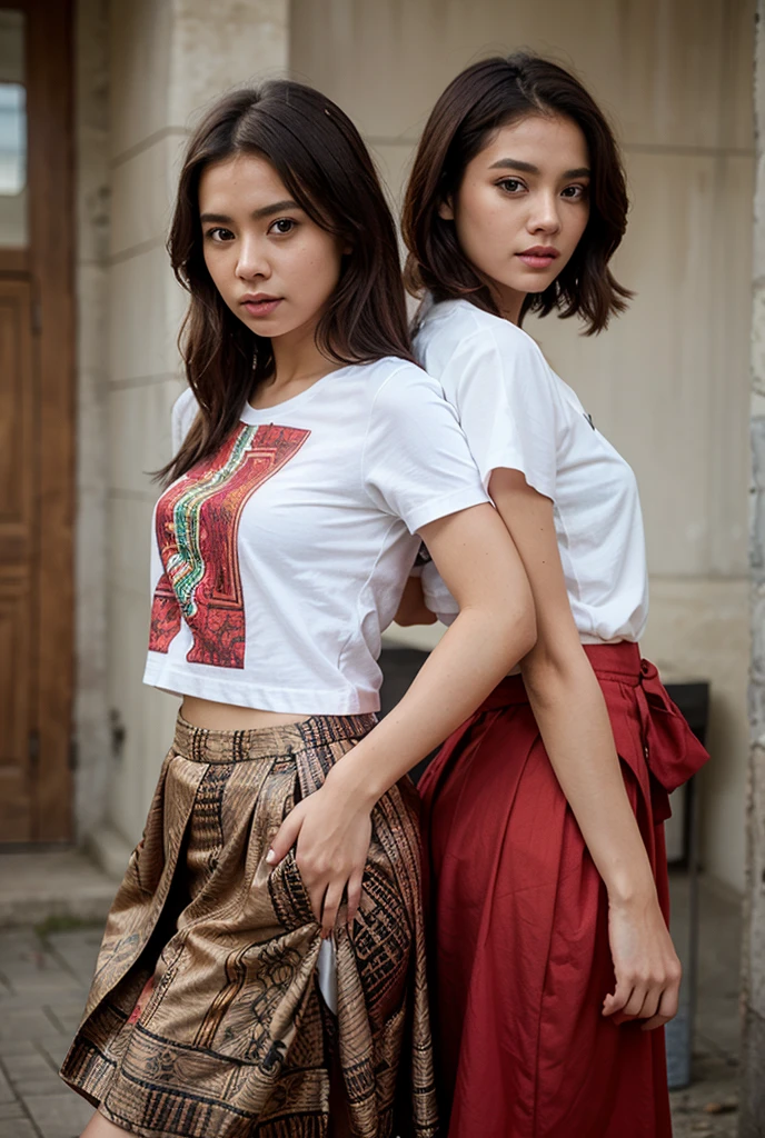 A 20-year-old Thai woman with long black hair, wearing a traditional Isan-style red shirt and a black and red floral sarong, standing in a graceful pose. Two figures with two different poses in one image, set against a background of a rice field. Full-body realistic image.