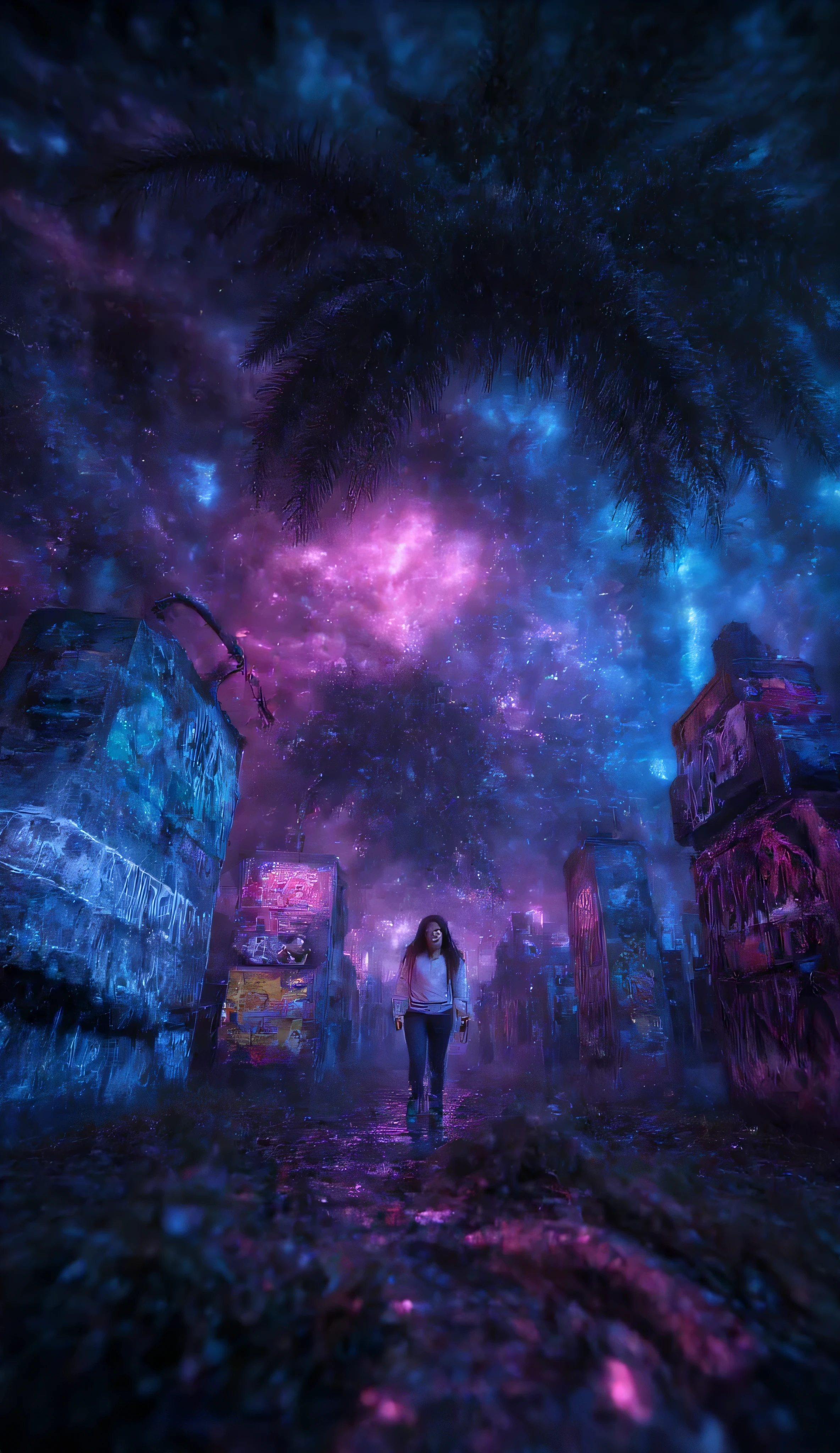 A young woman walking past vibrant graffiti walls, wearing over-ear headphones, dressed in casual streetwear, neon pink and blue vaporwave color palette, urban environment, nighttime city atmosphere, retrowave aesthetic, synthwave lighting, detailed street art murals, soft neon glow, photorealistic style, shallow depth of field, 85mm lens