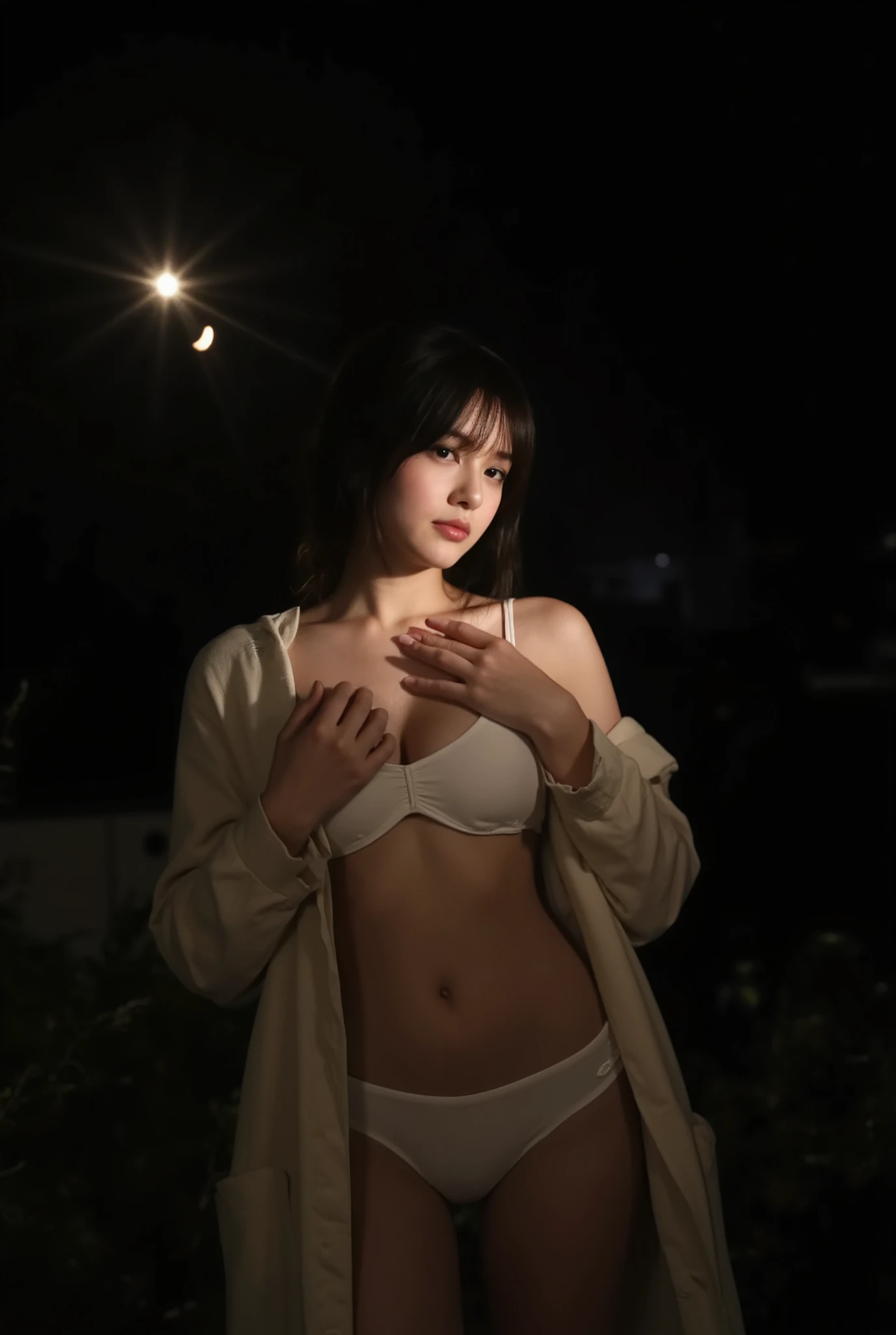 In total darkness、beautiful girl placing her hand on her chest、Illuminated by fireflies :1.5。 The pitch-black background、Only the trajectory of a firefly depicts space:1.2。realistic lighting、Facial expressions、beautiful composition with arrangement of light。white micro bikini、(huge breasts:1.5)、(coat over naked:1.5)、((full nude:1.5))
