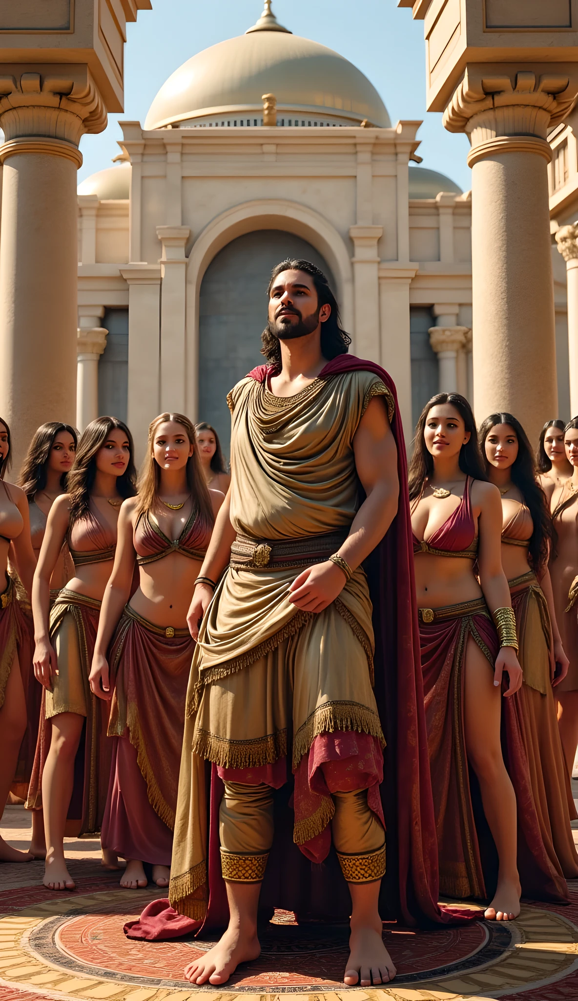 (((Create a hyper-realistic digital artwork depicting an Assyrian king in a prehistoric era setting. The scene should feature:
A luxurious ivory palace in the background, showcasing intricate details and a golden interior design.
The king, depicted in a slouchy yet happy pose, wearing full luxurious silk fabric.
Several joyful female servants harem wives surrounding the king, contributing to the lively atmosphere.
Focus on achieving a cinematic quality with dynamic camera angles, utilizing techniques such as the rule of thirds and depth of field. The artwork should reflect a natural motion and lifelike human anatomy, inspired by the artistic style of Far Cry 5. Ensure the final output is photorealistic, with high dynamic range (HDR) and optimal lighting concepts. Intimacy.)))