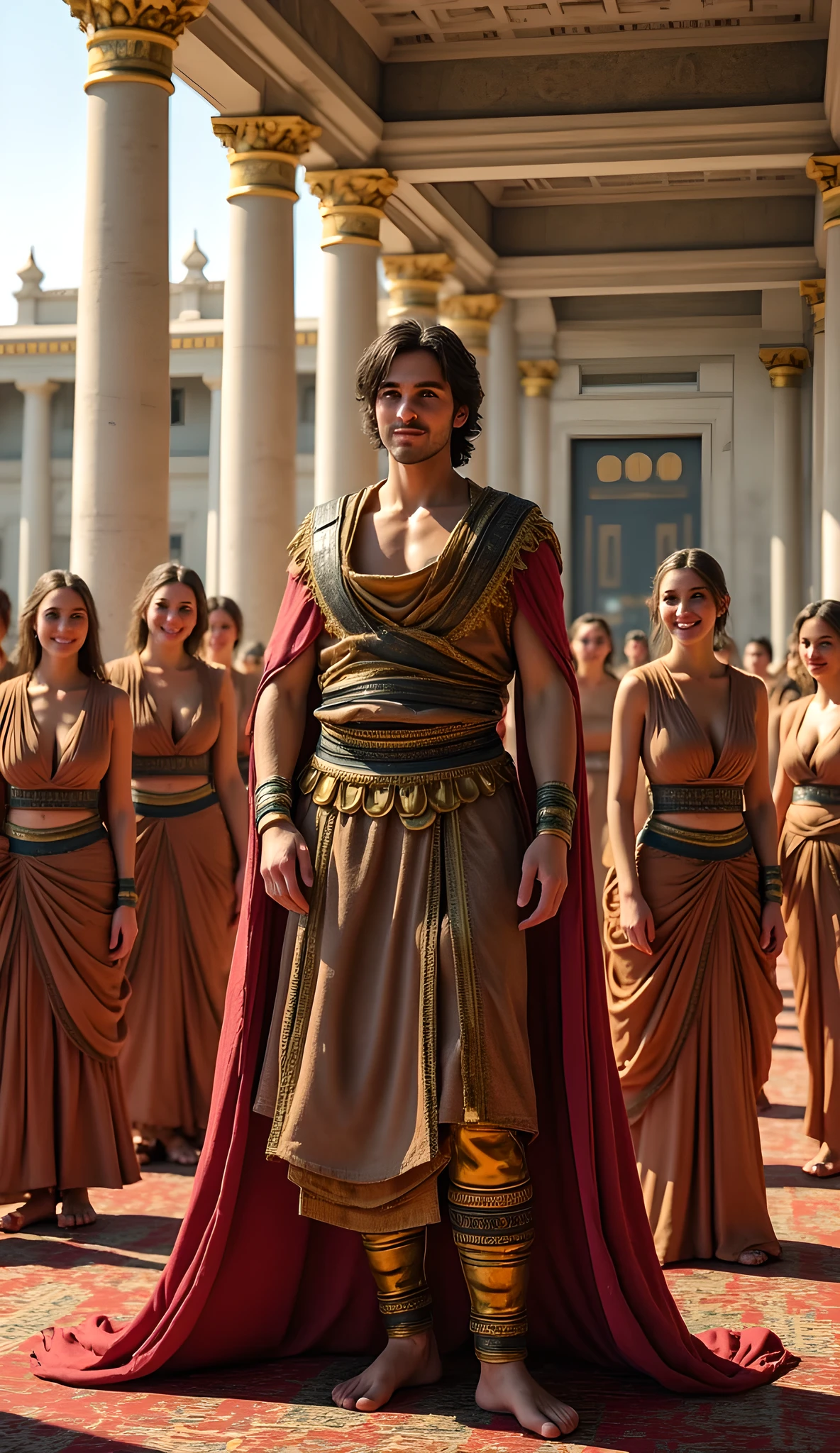 (((Create a hyper-realistic digital artwork depicting an Assyrian king in a prehistoric era setting. The scene should feature:
A luxurious ivory palace in the background, showcasing intricate details and a golden interior design.
The king, depicted in a slouchy yet happy pose, wearing full luxurious silk fabric.
Several joyful female servants harem wives surrounding the king, contributing to the lively atmosphere.
Focus on achieving a cinematic quality with dynamic camera angles, utilizing techniques such as the rule of thirds and depth of field. The artwork should reflect a natural motion and lifelike human anatomy, inspired by the artistic style of Far Cry 5. Ensure the final output is photorealistic, with high dynamic range (HDR) and optimal lighting concepts. Intimacy.)))