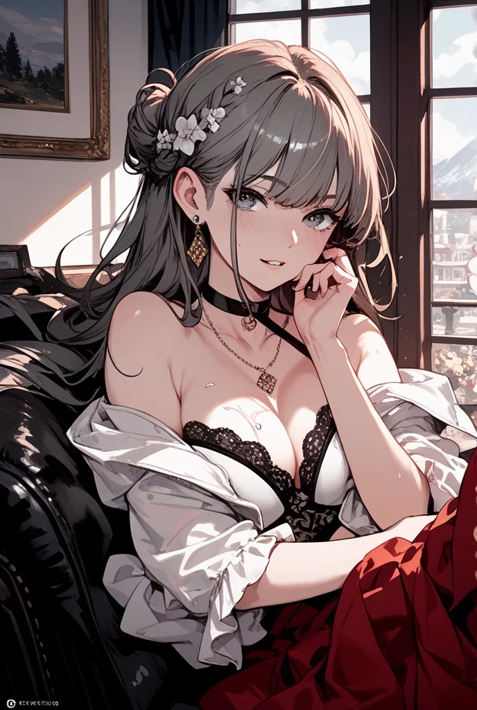  (Highest quality, High resolution, Very detailed), 1 female, Silver Hair, Long Hair, Reddish brown eyes, micro mini dress, lace , secretary, 24th generation, Beautiful woman, mature, quiet, Calm, , A small smile, sofa, sitting, ,