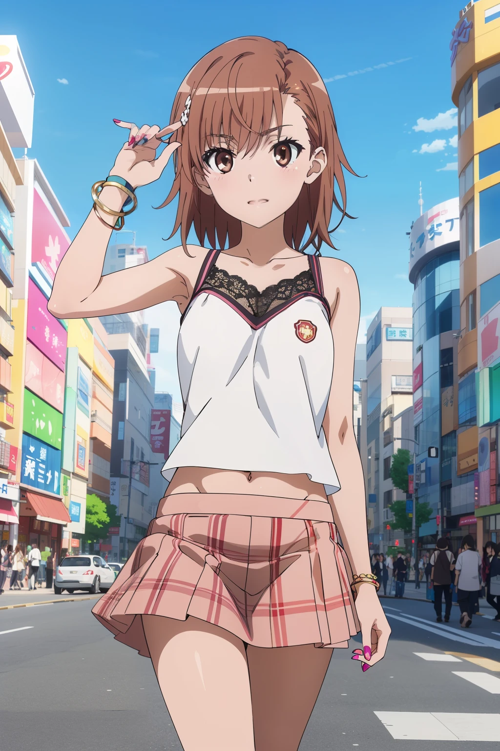 (masterpiece, best quality, high resolution, 8k:1.2), (anime coloring:1.4), (perfect character design:1.4), official art, highly detailed CG Unity 8K wallpaper, perfect face, perfect eye, perfect hair style, perfect body, beautiful body, beautiful skin, beautiful breasts, beautiful legs, beautiful hands, perfect hands, beautiful face, beautiful eyes, symmetrical eyes, slim body, (1 girl), (misaka mikoto, brown eyes), (small breasts), (brown hair, short hair, bangs, eyebrows visible through hair, hairpin), nffsw,(tanned skin:1.1), (gal makeup, pink gradient eyeshadow), (fingernails, nail polish), (collarbone, camisole, lace, navel, micro mini skirt, frills, bracelet, jewelry, gal fashion), ((walking:1.2), japanese city, shibuya city, day, blue sky), looking at the viewer, in the center of the image, sexy poses, dutch angles,