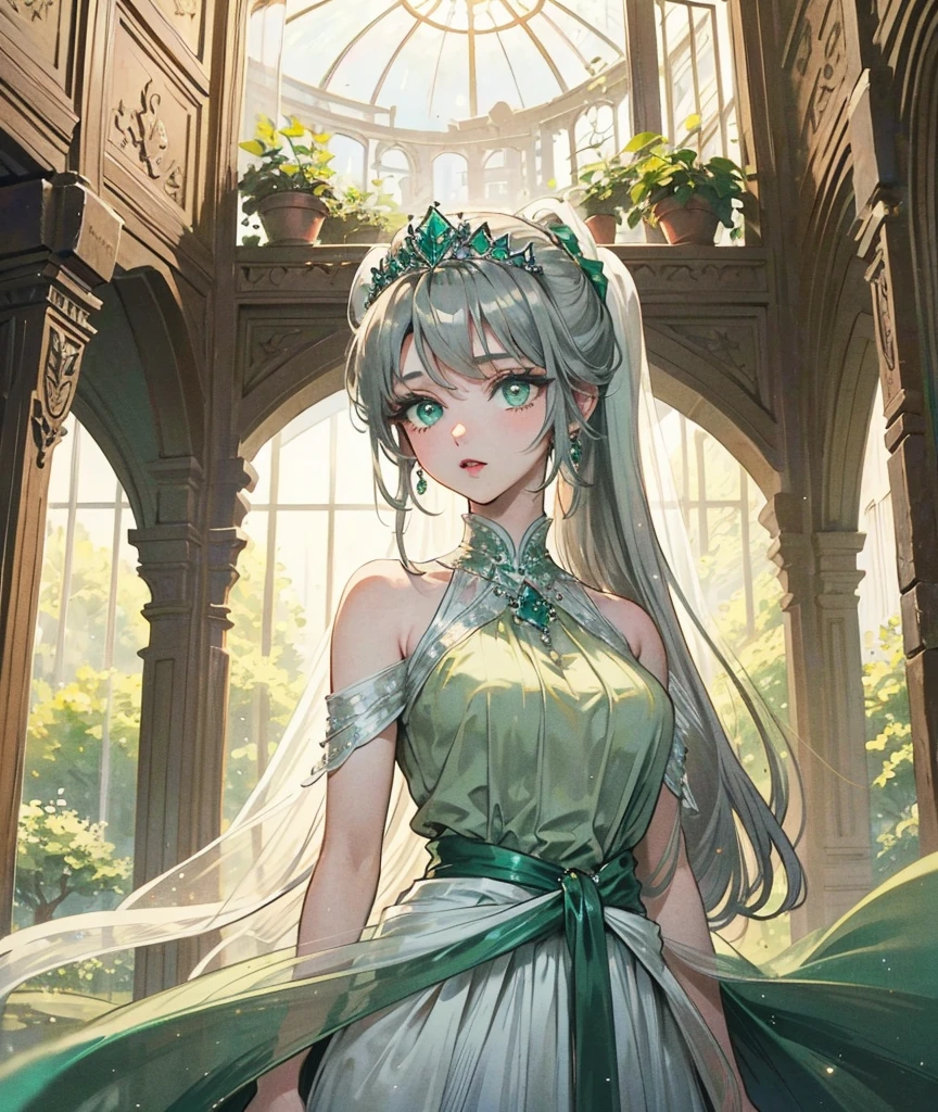 emerald tiara, green pearl necklace, boyish very short green hair, green lips, smiling Japanese woman, very short hair, Beautiful woman with big breasts, green eyes, Green satin long gloves, green eyes, emerald earrings, green veil, Heart with both hands, green hair, beautiful japanese woman, heart shaped hands:1.3, green lip gloss