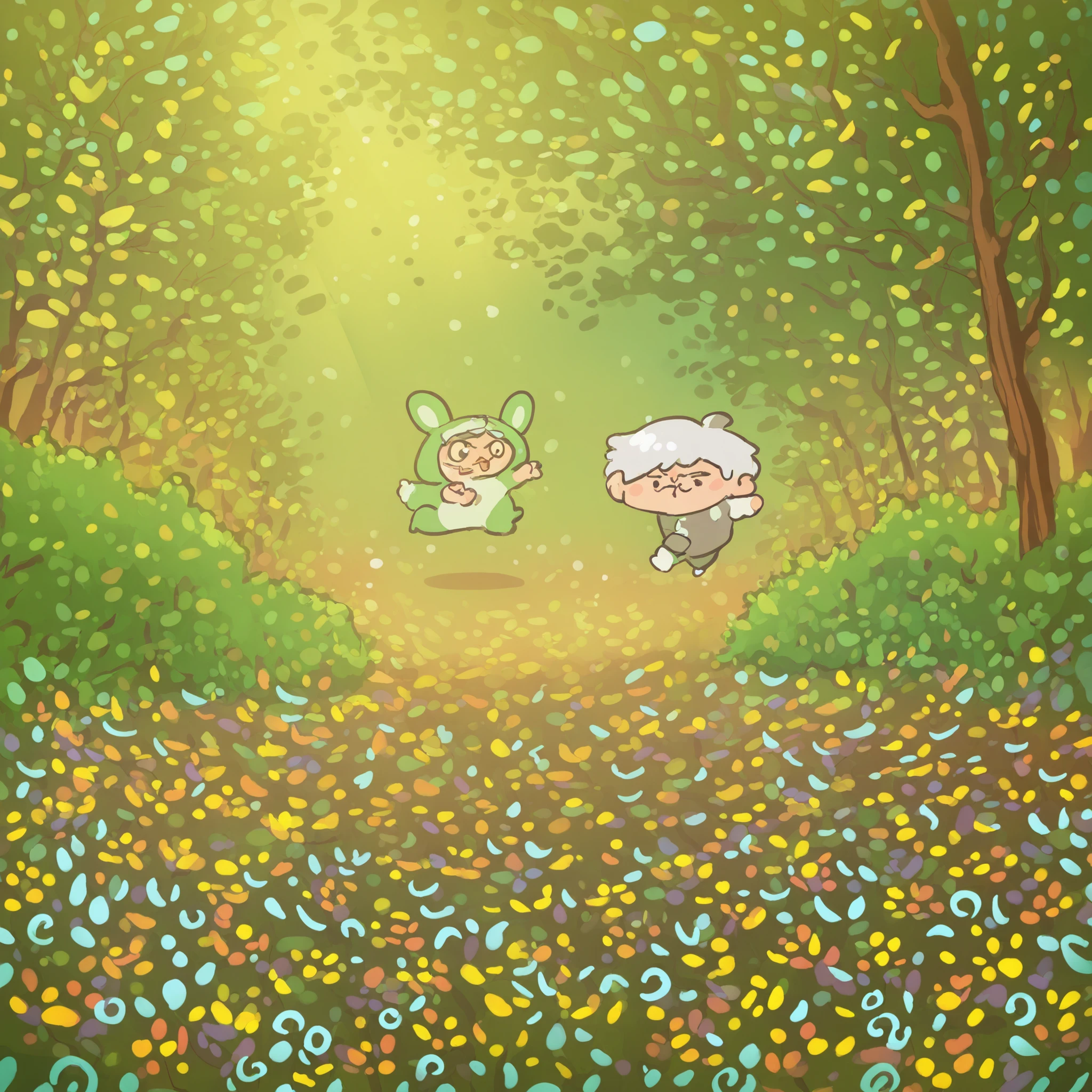 a small chibi boy with white hair, dressed in a white wolf onesie, gremlin energy, energetic, cute, playful, mischievous expression, chubby cheeks, wide eyes, small button nose, detailed facial features, dynamic pose, running, jumping, high resolution, 4k, photorealistic, hyper detailed, lifelike, realistic lighting, soft bokeh background, woodland forest setting, dappled sunlight, lush greenery, moss-covered logs, colorful wildflowers, whimsical,fantasy,magical,vibrant colors,warm palette