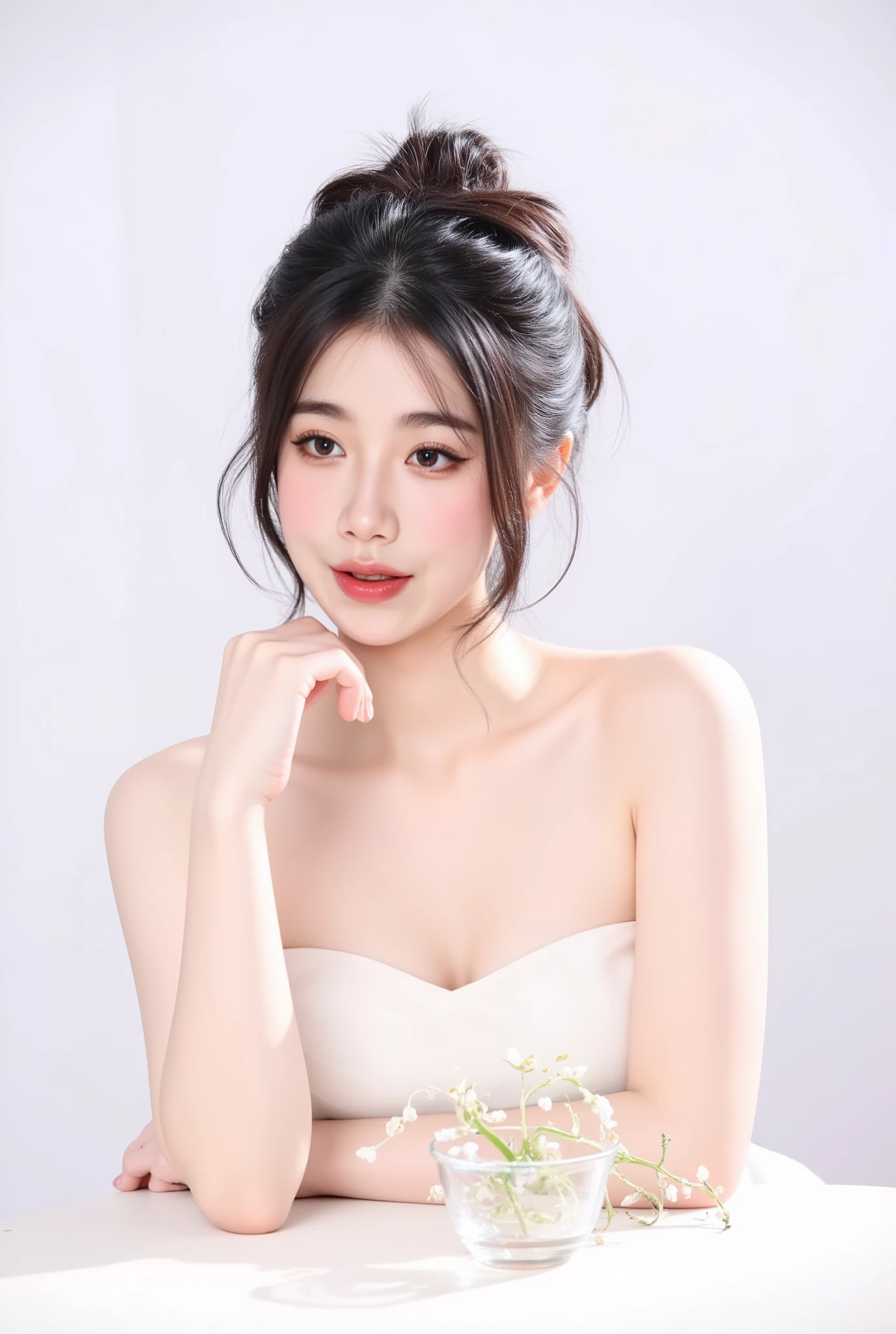 A beautiful young woman, smiling, studio portrait, soft lighting, highly detailed, realistic, cinematic, 8k, sharp focus, intricate details,  photorealistic, hyperrealism, depth of field