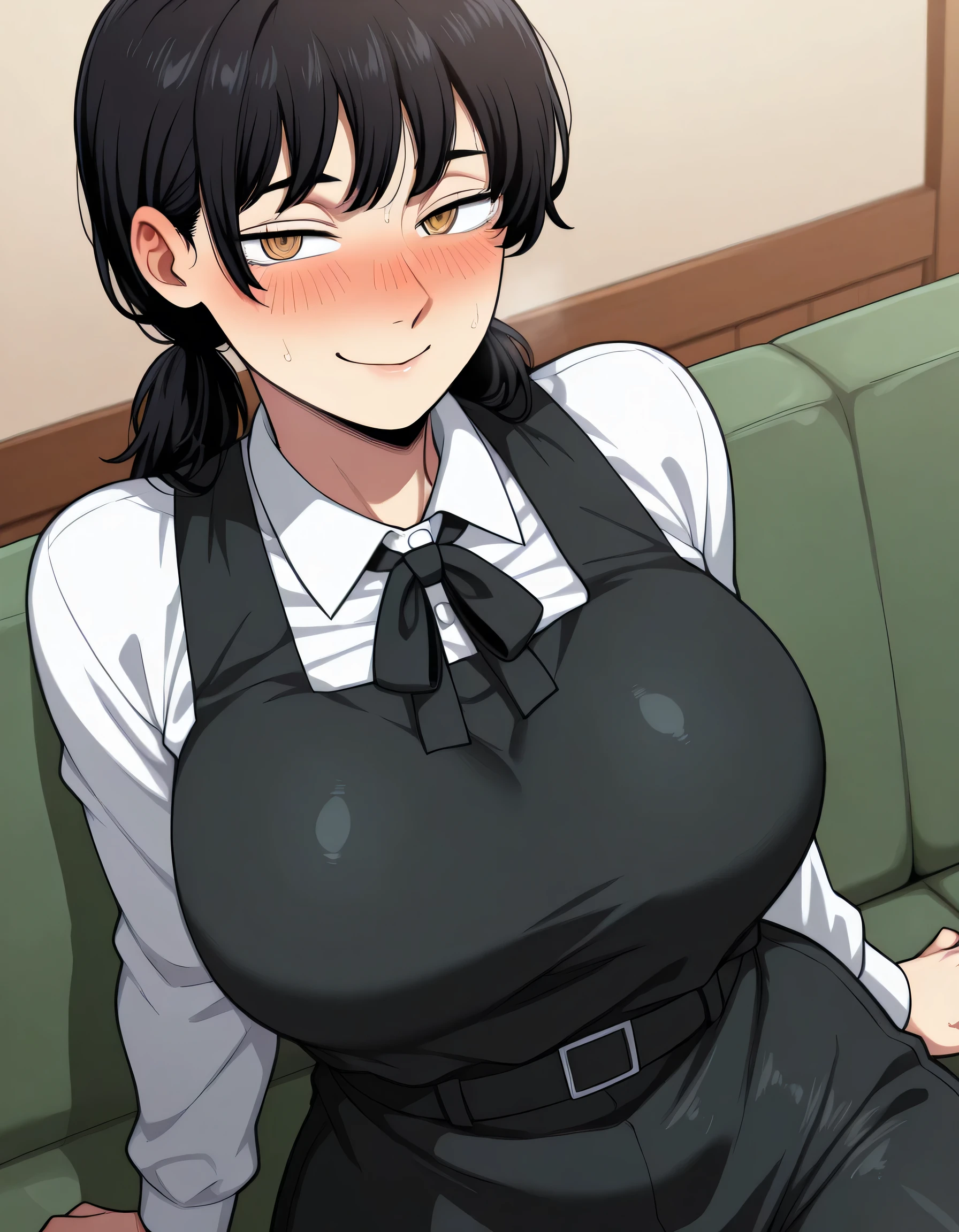 1girl, Asa_Mitaka(chainsaw man), long hair, black hair, two short ponytails, light brown eyes, detailed eyes, curvy body, big breasts, school uniform, black dress, pinafore dress, sleeveless dress, white shirt, black ribbon, neck ribbon, long sleeves, seductive look, cute, shy, blush, sitting on the sofa at home, smile, looking at the viewe, upper body