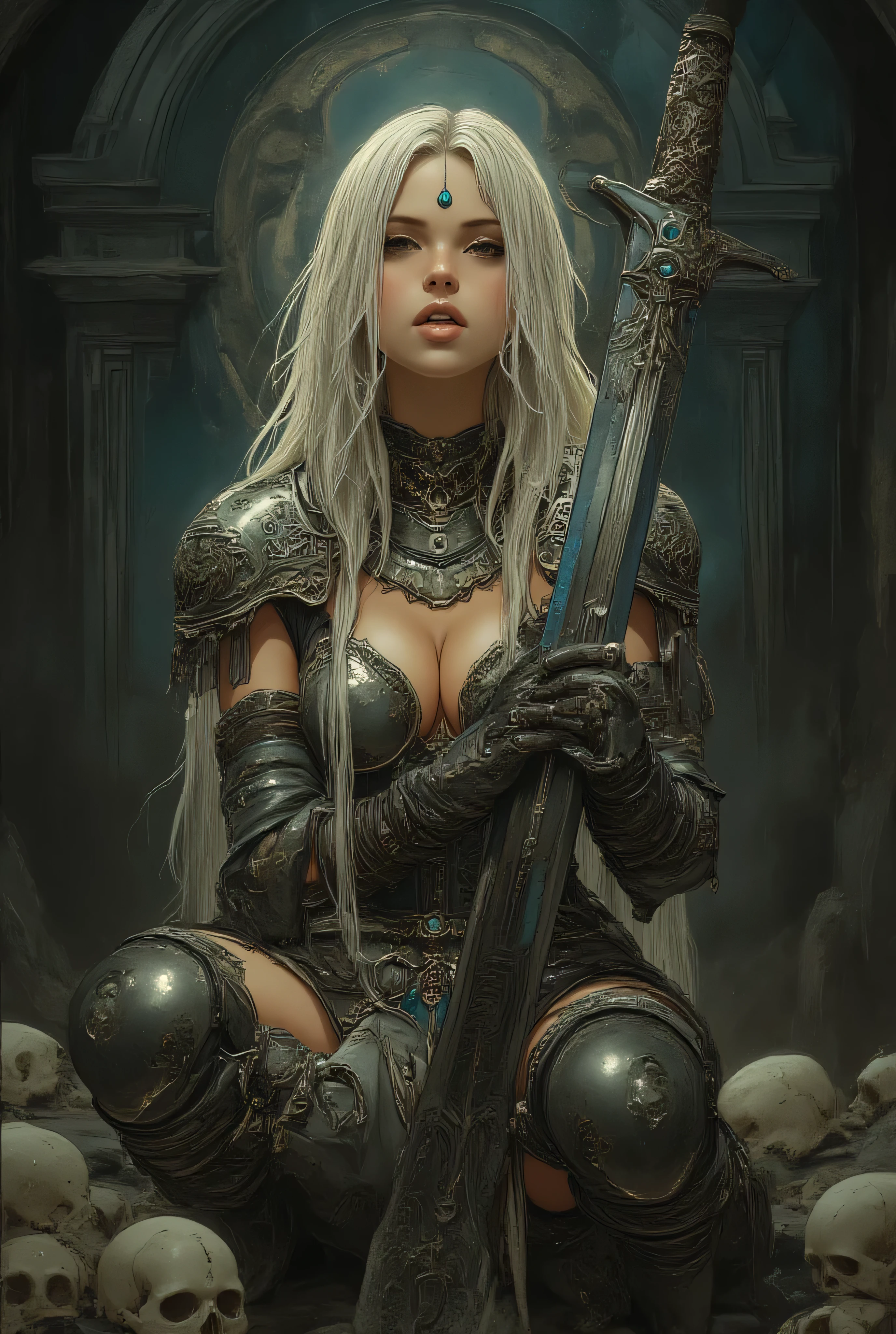 (((capolavoro))), (((very high quality))), (migliori dettagli), 8k, ultra-dettagliato, fotorealistico, cinematico, dramatic lighting, (luce volumetrica), Exceptional texturing, depth of field, Perfect metallic highlights, stile di Luis Royo, Frank Frazetta style.
Donna guerriera, (Long, straight platinum blonde hair), Cross-legged pose, (espressione intensa:1.2), (viso perfetto), Revealing fantasy armor, Metallic bodice and collar, (Intricately engraved gauntlets:1.3), tessuto fluente, Turquoise-colored jewelry, Dark armbands, (Large, ornate sword:1.4), Details engraved on the blade, Intricate hilt.
(ambiente scuro:1.3), sfondo mistico, Bright arcane symbol, (Human skulls scattered around:1.2), Intense, battle-ready atmosphere, High contrast between the light metals and the darkness.