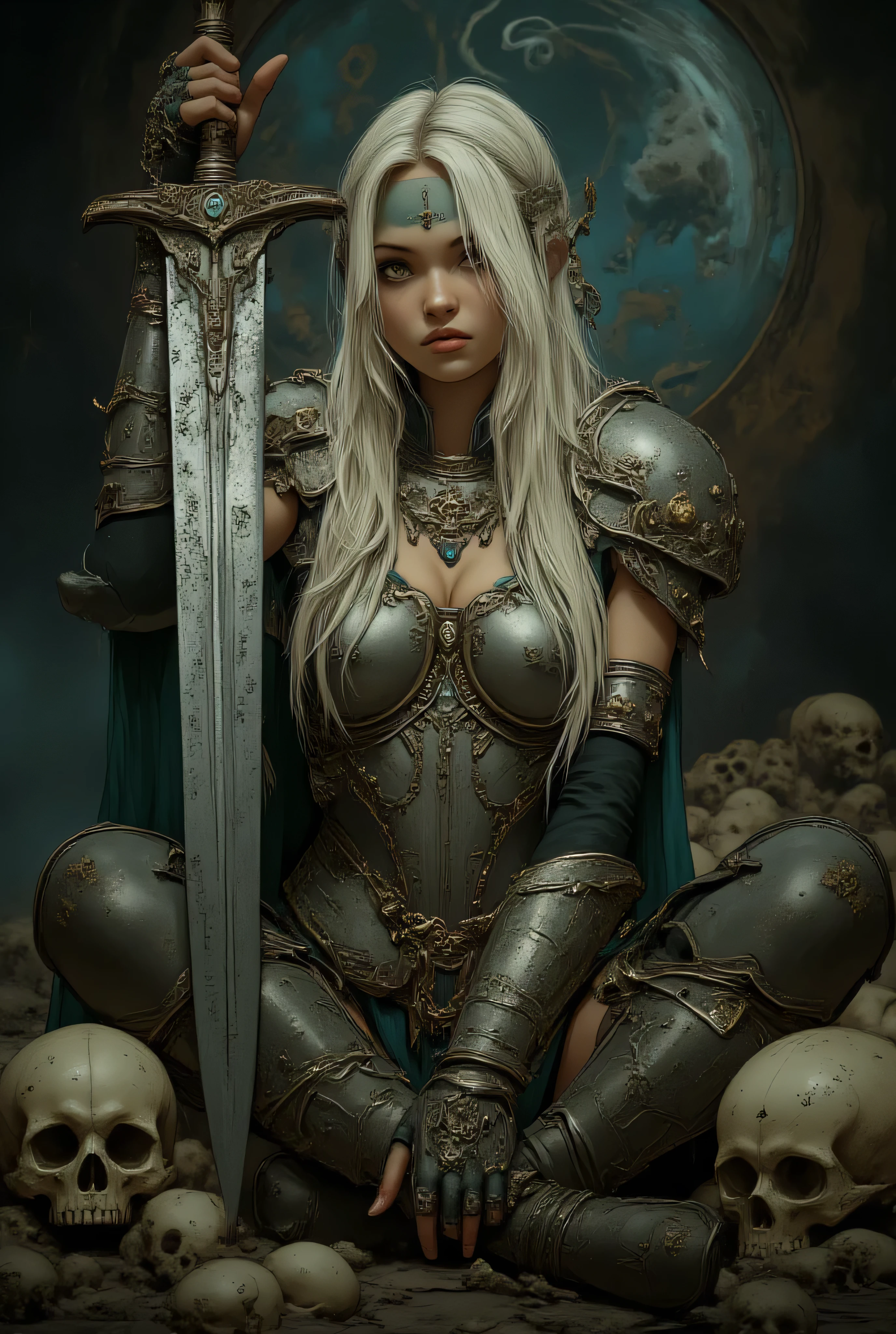 (((capolavoro))), (((very high quality))), (migliori dettagli), 8k, ultra-dettagliato, fotorealistico, cinematico, dramatic lighting, (luce volumetrica), Exceptional texturing, depth of field, Perfect metallic highlights, stile di Luis Royo, Frank Frazetta style.
Donna guerriera, (Long, straight platinum blonde hair), Cross-legged pose, (espressione intensa:1.2), (viso perfetto), Revealing fantasy armor, Metallic bodice and collar, (Intricately engraved gauntlets:1.3), tessuto fluente, Turquoise-colored jewelry, Dark armbands, (Large, ornate sword:1.4), Details engraved on the blade, Intricate hilt.
(ambiente scuro:1.3), sfondo mistico, Bright arcane symbol, (Human skulls scattered around:1.2), Intense, battle-ready atmosphere, High contrast between the light metals and the darkness.