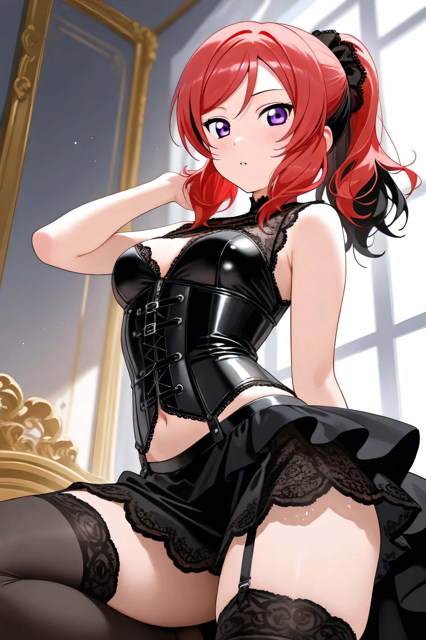 1 fille, Seul, Maki Nishikino, cheveux roux, yeux violets, à double queues de cheval, cheveux multicolores, black pointes de cheveux , pointes de cheveux , pointes de cheveux noires, Le haut présente un corset en velours noir ajusté orné de superpositions de dentelle complexes, associées à un fluide, jupe asymétrique en dentelle noire effleurant le mi-cuisse, révélant une pointe de bas en cuir cuisse-haute