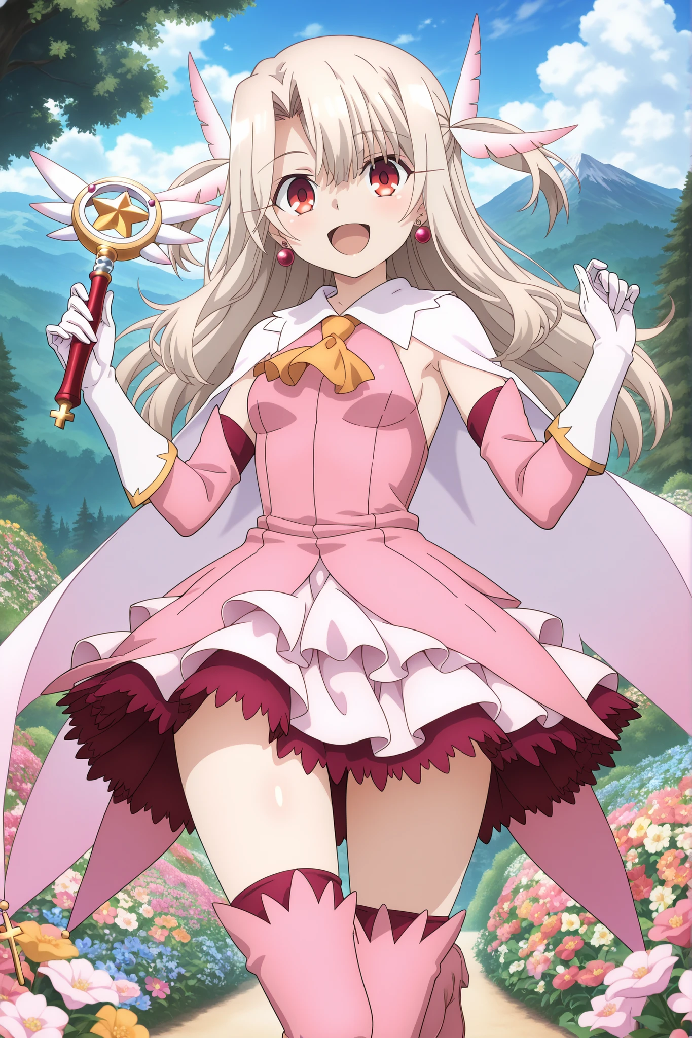 {{{masterpiece}}}, (Highest Quality:1.5), (Super Detailed:1.5), {illustration}, {{very delicate and beautiful}}, (beautiful detailed eyes:1.2), absurd, high resolution, highly detailed face, 16 kg, high resolution, visual animation of young women, very beautiful anime face, anime best girl, (perfect hands, Perfect ), anime face, Illyasviel von Einzbern(destiny/カレイドリナー プリズマ☆イリヤ), Airi, Illyasviel von Einzbern, 1girl, solo, cute faces getting creampied, long hair, Blonde, (snap bangs:1.5), hair between eyebrows, side lock, hair ornaments, (feather hair ornaments:1.2), (red eyes:1.3), earrings, Visual representation of a short, medium , Thin Waist, big waist, Curvaceous, BREAK, magical girl, white gloves, dress, (pink dress:1.4), cape, white cape, gem, detachable sleeve, yellow ascot, Pink Arm Cover, White elbow gloves, (white skirt:1.2), Ruffle Skirt,  Red Petticoat , (pink knee-high boots:1.3), thighs, Extremely cool , BREAK, magic wand, Long walking stick, Holding Wand, BREAK, Smile Yan, stare at the audience, open mouse, red face,  Flash Effects , outdoor, Mountain, Daytime, forest, flower garden, field, sunshine, peeking in from below
