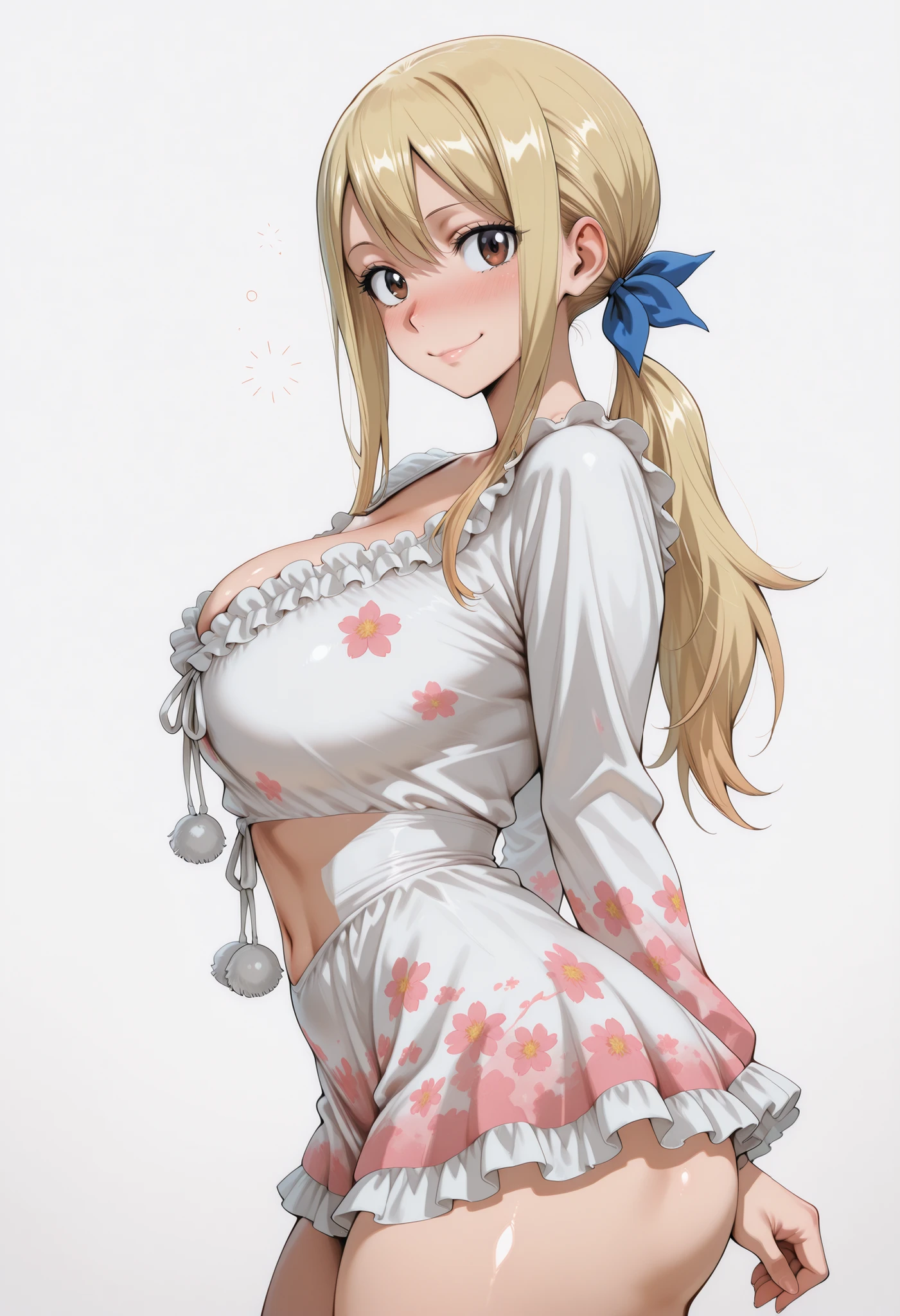 score_9, score_8_up, score_7_up, source_anime, lucy heartfilia, long hair, blonde hair, large breasts, brown eyes,,, blue hair ribbon,, blush, drunk,, , looking at viewer,, , solo,, large breasts, big ass, thick thigs, wide hips, slim waist, mature body, nose blush,, looking at viewer, nice legs, legs, standing, solo, female, shiny skin, shiny hair, shiny body, clear body,,, cowboy shot ,,,, ,,,, , looking at viewer, NOSE BLUSH,,wide hips, slim waist,,, shiny skin, shiny hair, shiny body, clear body, , solo, STANDING, POSING, thick thighs, thighs, solo, standing, POSING,, perfect eyes, white background, empty background, distinc shadows, solo, large breasts, thick thigh, dynamic pose, navel ,midriff,,, LOOKING AT VIEWER, WHITE BACKGROUND, EMPTY BACKGROUND, soft smile,, DYNAMIC POSE,, big ass,, view from side, side pose, side looking, side view, large breasts, white dress, short dress, pom pom (clothes), floral print, frills