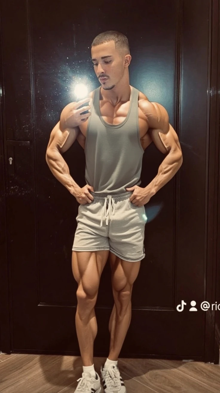 Muscular, huge biceps, ??????????, shirtless, wearing shorts,  full body. 