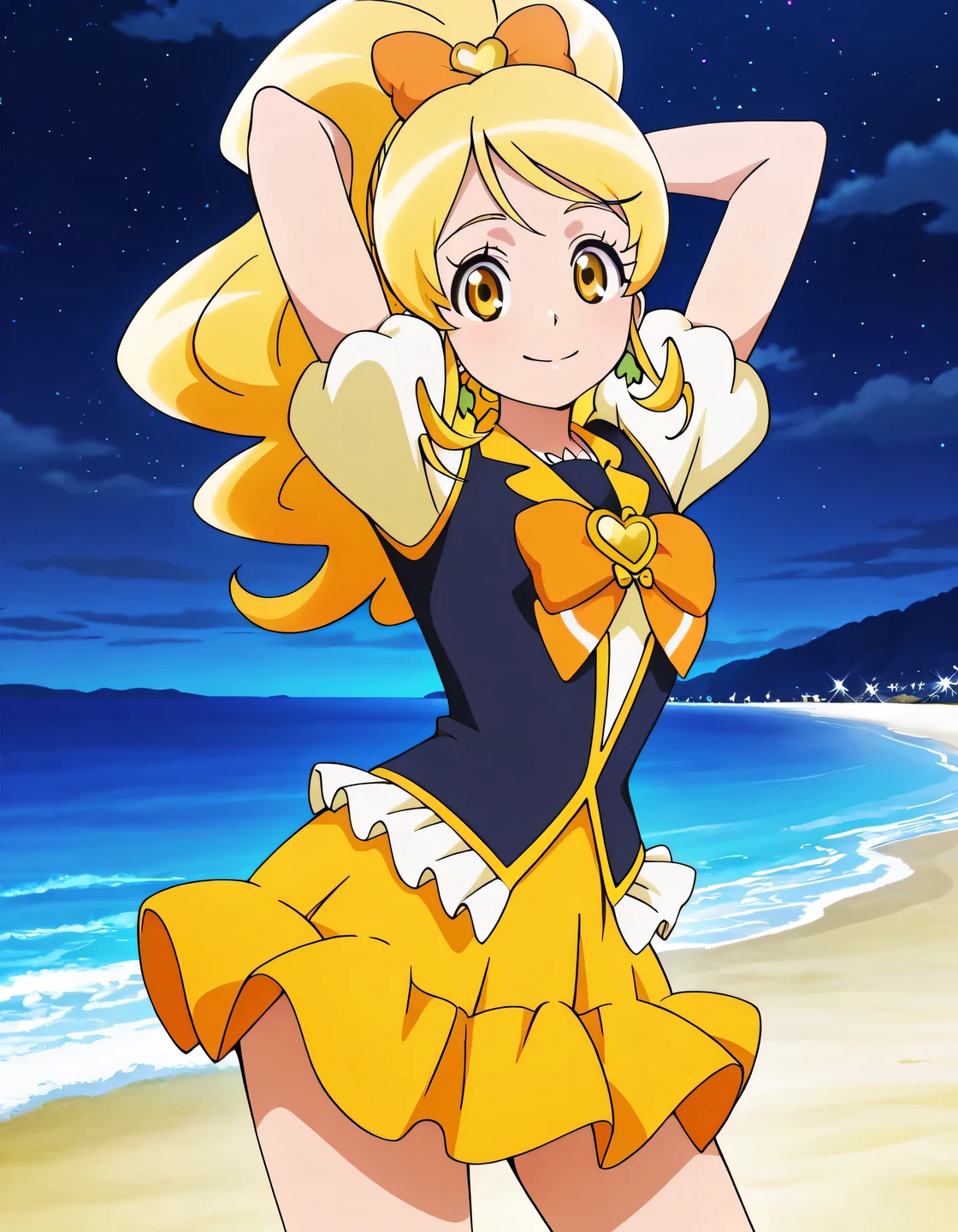 curehoney, gold eyes, thick wavy blonde hair, ponytail, curled forelocks, styled bangs, green clover earrings, white blouse, short puffed sleeves, dark navy vest with gold details, white ruffled trim, orange and white ribbon with gold heart brooch, goldenrod skirt with ruffled trim, pale yellow sleeves with white frills, anime screencap, high quality, solo, cowboy shot, ((contrapposto)), arms behind head, closed mouth, night sky, beach, looking at viewer, smile, best quality