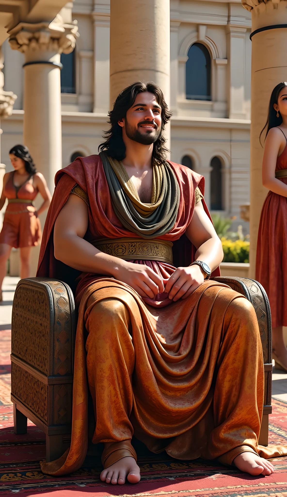 Create a hyper-realistic digital artwork depicting an Assyrian king in a prehistoric era setting. The scene should feature:
A luxurious ivory palace in the background, showcasing intricate details and a golden interior design.
The king, depicted in a slouchy yet happy pose, wearing full luxurious silk fabric.
Several joyful female harem wives surrounding the king, contributing to the lively atmosphere.
Focus on achieving a cinematic quality with dynamic camera angles, utilizing techniques such as the rule of thirds and depth of field. The artwork should reflect a natural motion and lifelike human anatomy, inspired by the artistic style of Far Cry 5. Ensure the final output is photorealistic, with high dynamic range (HDR) and optimal lighting concepts. Intimacy.