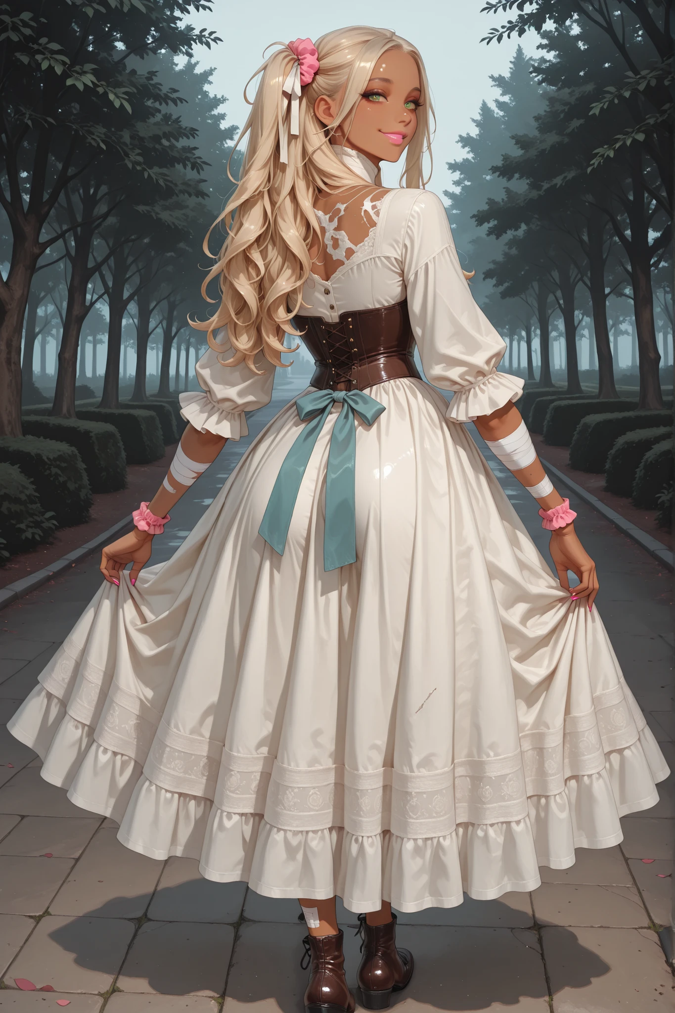 brown skin, score_9, score_8_up, score_7_up, score_6_up, score_5_up, score_4_up, Label 1, Label2, quality_masterpiece, Anatomically correct, beautiful face, perfect face, Beautiful and highly detailed face, sexy Attractive face , Detailed Face, Delicate Facial Features, detailed ,Very detailed & Beautiful and dazzling eyes, kogal gyaru, cheeky smile, pink lipstick, flat chest, prepubescent, dynamic pose, green eyes , semi-long hair , blond hair , one side up , pink scrunchie, Victorian clothes, Victorian era, olive skin, brown skin, bandages on legs, bandages on arms, small girl, pink nails, Plain cotton dress, faded blue fabric, victorian fashion, victorian era, high collar, simple bodice with buttons, calf-length skirt, , patched sleeves, scuffed leather shoes, hair tied with ribbon, no jewelry, modest, practical, humble, working-class, everyday wear, foggy ambiance, gloomy park, dynamic pose, walking, back to the camera, looking over her shoulder, focus on back, from behind, shoot from behind, single girl, only one girl, small butt,