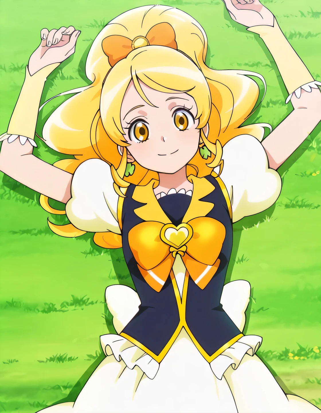 curehoney, gold eyes, thick wavy blonde hair, ponytail, curled forelocks, styled bangs, green clover earrings, white blouse, short puffed sleeves, dark navy vest with gold details, white ruffled trim, orange and white ribbon with gold heart brooch, goldenrod skirt with ruffled trim, pale yellow sleeves with white frills, anime screencap, high quality, solo, lying, on back, arms up, legs apart, closed mouth, grass, cowboy shot, medium shot, looking at viewer, smile, best quality