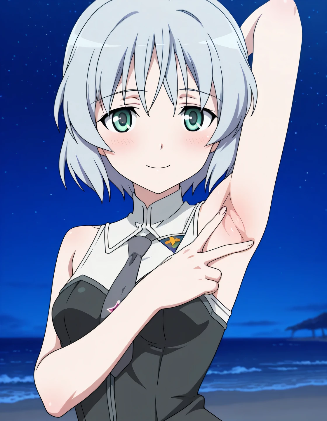 masterpiece, best quality, amazing quality, detailed background, perfect eyes, anime coloring, anime screencap, sanya v. litvyak, grey hair, short hair, small , green eyes, military uniform, sleeveless, grey necktie, high quality, closed mouth, solo, upper body, night sky, beach, spread armpit, armpits, armpit focus, v, ((contrapposto)), looking at viewer, shy smile, best quality,