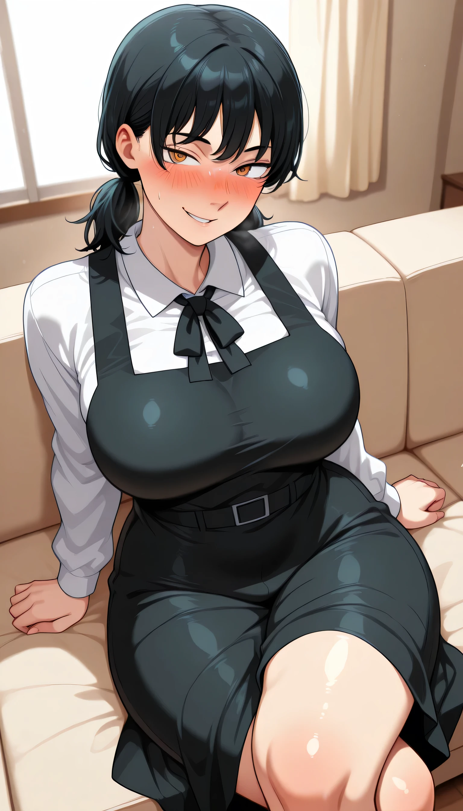 1girl, Asa_Mitaka(chainsaw man), long hair, black hair, two short ponytails, light brown eyes, detailed eyes, curvy body, big breasts, school uniform, black dress, pinafore dress, sleeveless dress, white shirt, black ribbon, neck ribbon, long sleeves, seductive look, cute, shy, blush, sitting on the sofa at home, legs crossed, smile, looking at the viewer
