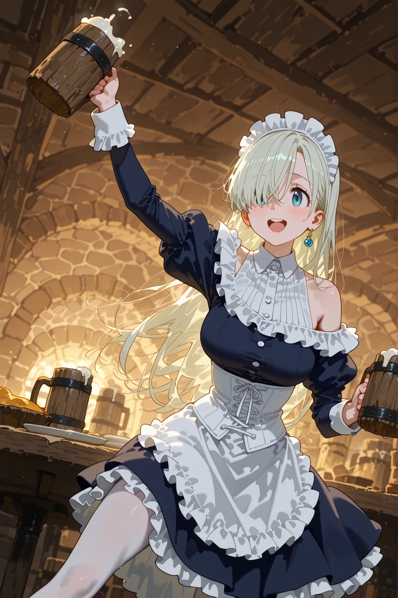 1 girl,Elizabeth liones,(grabbing wooden mug:1.5),Medieval Tavern,narrowed blue eyes,:1.7,open mouth smile,(navy maid uniform,:1.3),white corset,(white frill placket:1.5),off-shoulder apron with wooden mug,long sleeve,(Pantyhose:1),photo real,Silver long hair,Hair Over One Eye,Silver tray,dynamic pose,(detail hands:1.7),pull shirt:1.5,one ear Blue sphere Jewel earring
