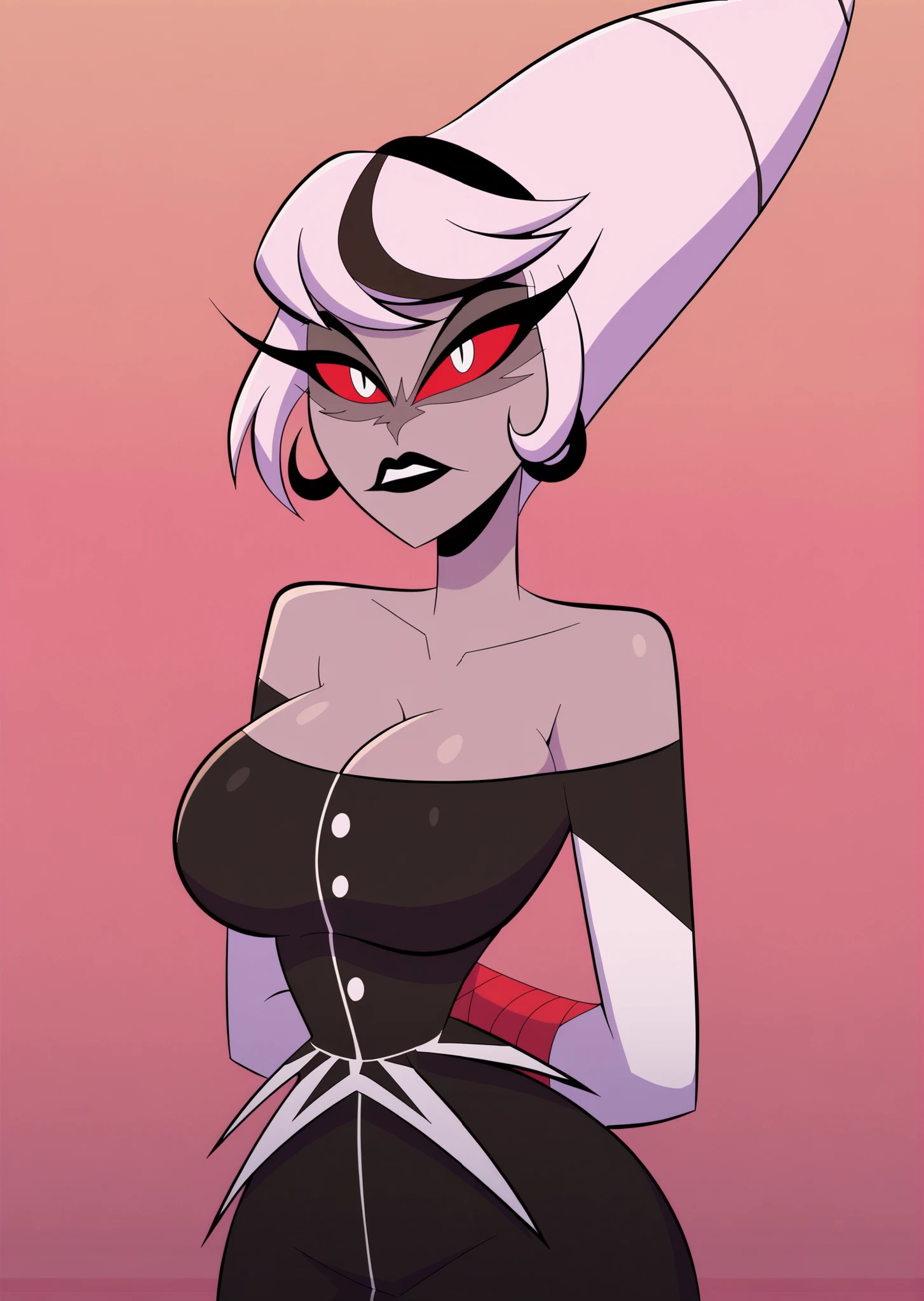 masterpiece,Carmilla_Carmine,score_9, score_8_アップ, score_7_アップ,gray skin, [Upper body focus] ,hair is tied up in split into two cones,twin hair,Black dress,white elbow gloves, bare shoulders, lace shoes,(huge juicy breasts:1.2),breasts, has long eyelashes,dress, ,Black Lip,pigmented sclera,Red cornea,white hair,Big Breasts,wide butt, (Alone),indoor,