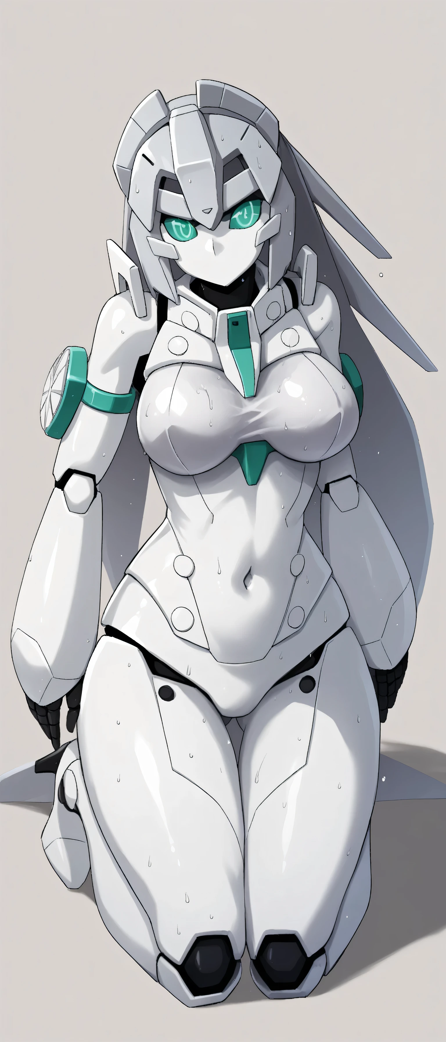 1 humanoid robot girl,giant mecha girl,whole white metal body,white body skin,white face skin,wet skin,shiny skin,masterpiece,High Quality, very well detailed,GUNDAM BUILD DIVERS Re:RISE - May(メイ),score_9, score_8_up, score_7_up, score_6_up, score_5_up, score_4_up, BREAK source_anime,
<lora:May_PONY:1>,humanoid robot,inorganic face, robot face,no eyebrows,no eyelids,no mouth,grey metal hair,mobile doll may, solo, robot, mecha, no humans,grey hair,glowing eyes,aqua eyes, long hair,covered navel,robot joints,robot pupils,bare shoulders,bare bicept,bare arms,bare kneels,bare legs,high heels, humanoid,big breast,white metal breast,perfect bust,curvy body,standing forward on the ground,dynamic pose,wet body,wet face, severed damaged body,full body shot,whole body,front view,looking at viewer,full body view