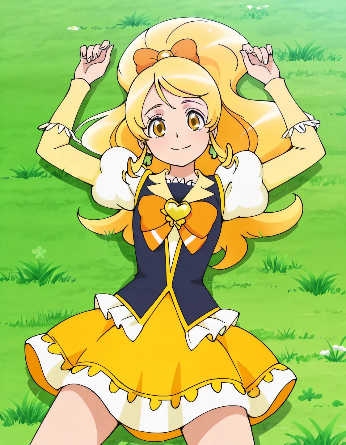 curehoney, gold eyes, thick wavy blonde hair, ponytail, curled forelocks, styled bangs, green clover earrings, white blouse, short puffed sleeves, dark navy vest with gold details, white ruffled trim, orange and white ribbon with gold heart brooch, goldenrod skirt with ruffled trim, pale yellow sleeves with white frills, anime screencap, high quality, solo, lying, on back, arms up, , closed mouth, grass, cowboy shot, medium shot, looking at viewer, smile, best quality