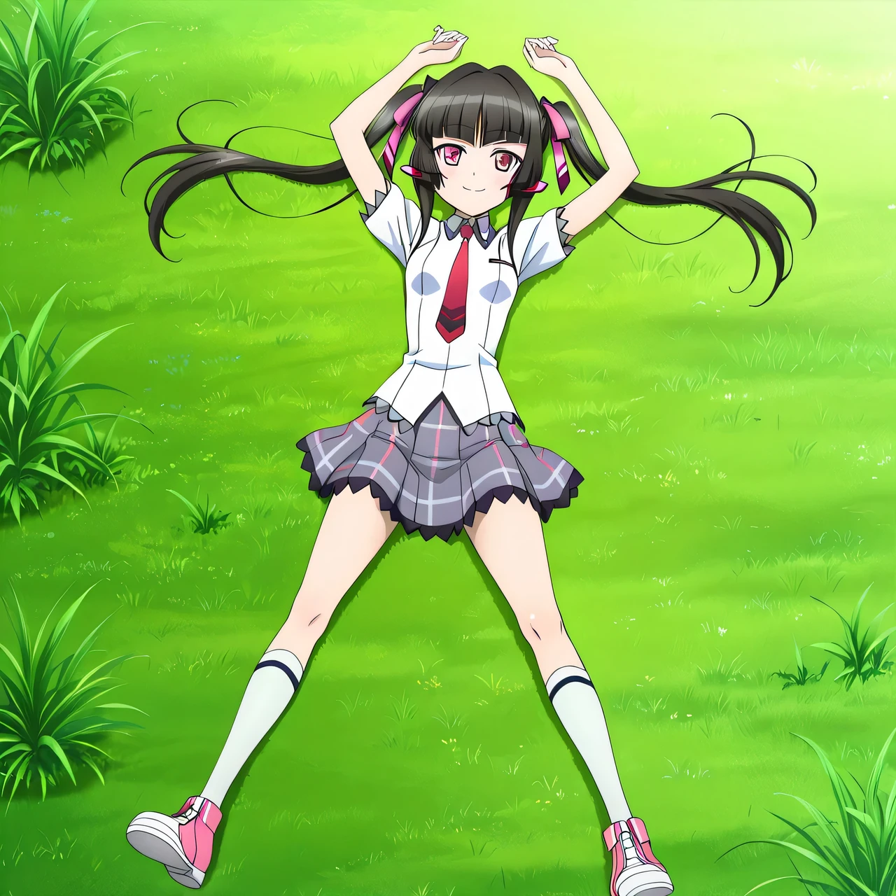 tsukuyomi shirabe, sidelocks, pink eyes, black hair, Blunt bangs, twintails, hair ribbon, lydian academy school uniform, red necktie, short sleeves, untucked shirt,  small breast, anime screencap, high quality, solo, lying, on back, arms up, spread legs, closed mouth, grass, full body, looking at viewer, overhead view, smile, best quality,