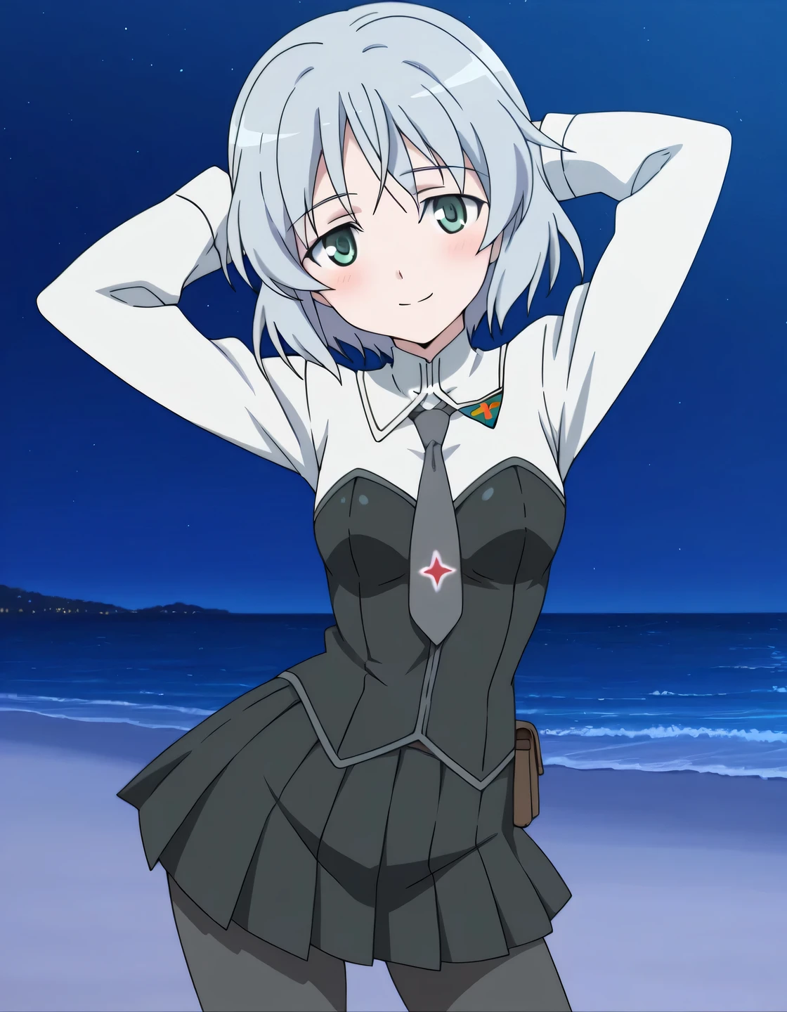 sanya v. litvyak, masterpiece, best quality, amazing quality, detailed background, perfect eyes, anime coloring, anime screencap, grey hair, short hair, small , green eyes, military uniform, long sleeves, grey necktie, black pleated skirt, pantyhose, high quality, closed mouth, solo, cowboy shot, night sky, beach, (hands behind head), ((contrapposto)), looking at viewer, shy smile, best quality