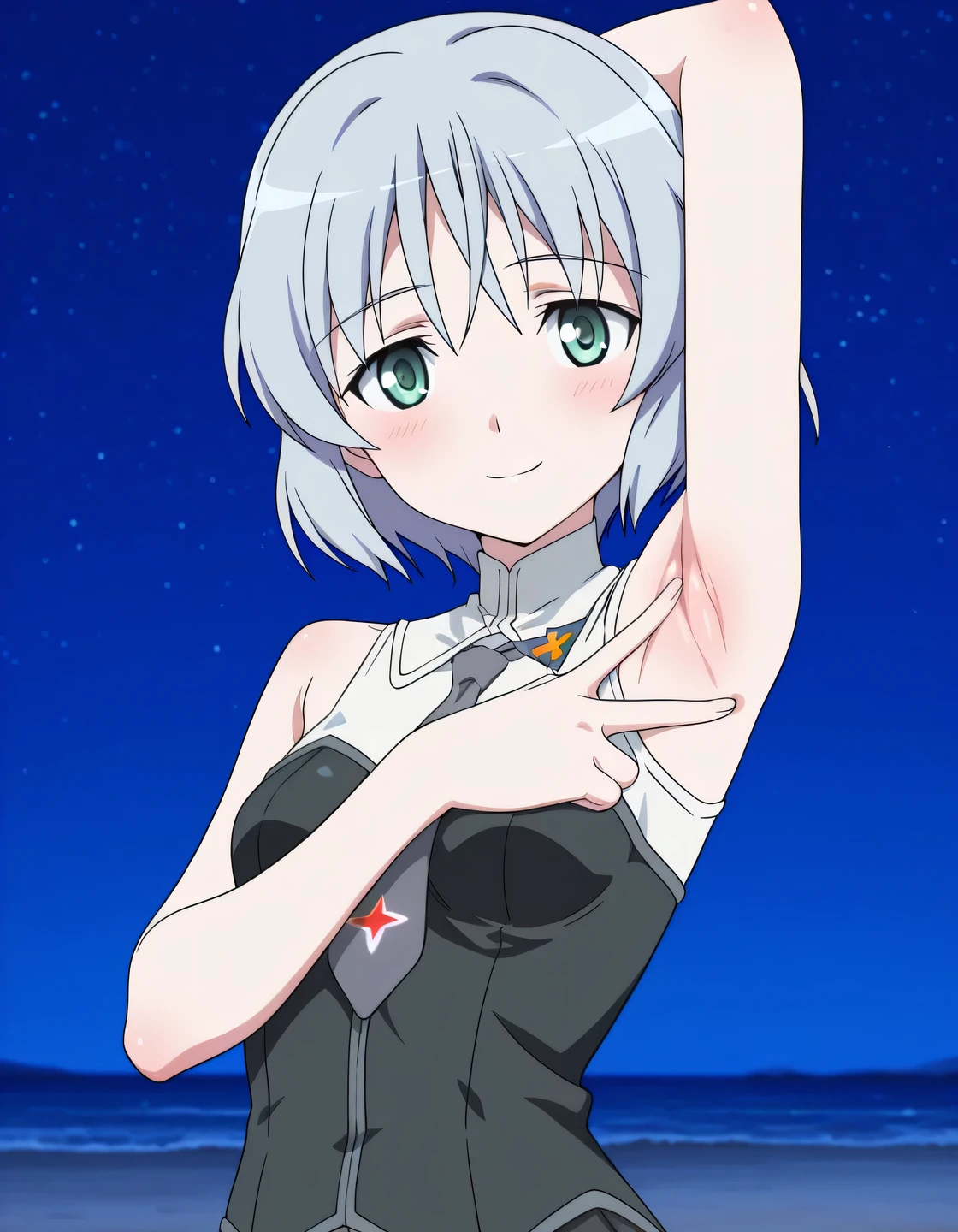 sanya v. litvyak, masterpiece, best quality, amazing quality, detailed background, perfect eyes, anime coloring, anime screencap, grey hair, short hair, small breasts, green eyes, military uniform, sleeveless, grey necktie, high quality, closed mouth, solo, upper body, night sky, beach, spread armpit, armpits, armpit focus, v, ((contrapposto)), looking at viewer, shy smile, best quality,
