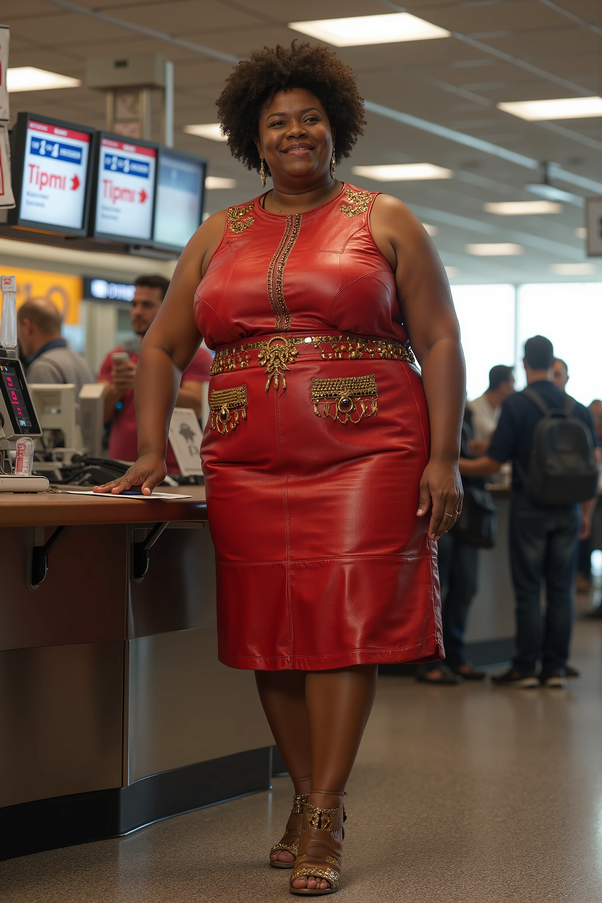 A 44 year old gigantically obese woman that is black wearing a shiny red and gold sleeveless leather dress, standing at the side of an airport ticketing desk
