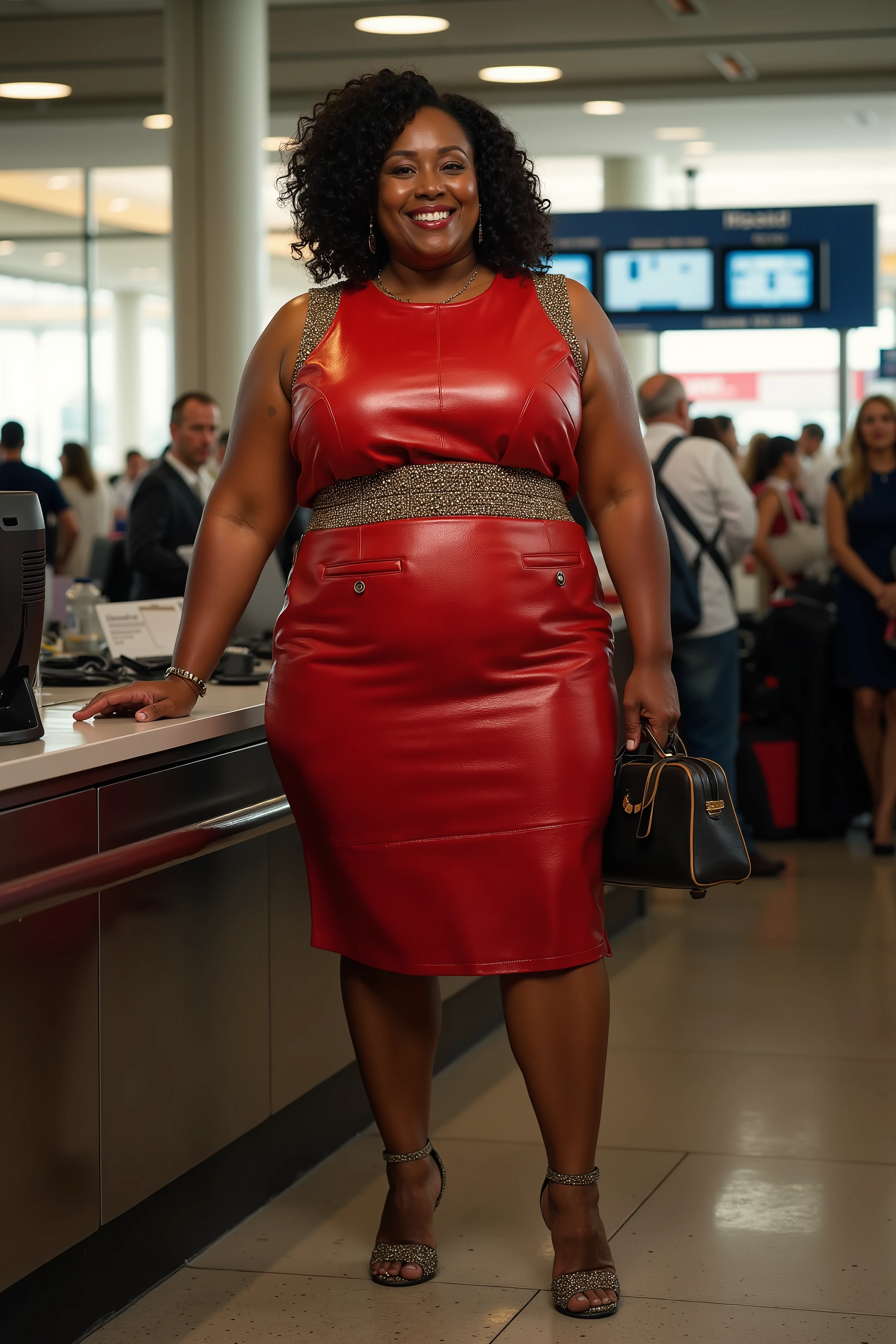A 44 year old gigantically obese woman that is black wearing a shiny red and gold sleeveless leather dress, standing at the side of an airport ticketing desk
